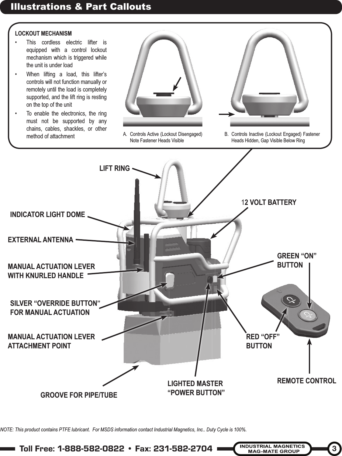 INDICATOR LIGHT DOMELIFT RING12 VOLT BATTERY MANUAL ACTUATION LEVERWITH KNURLED HANDLEEXTERNAL ANTENNASILVER “OVERRIDE BUTTON” FOR MANUAL ACTUATION     MANUAL ACTUATION LEVER ATTACHMENT POINTLIGHTED MASTER “POWER BUTTON”REMOTE CONTROLGROOVE FOR PIPE/TUBERED “OFF” BUTTONGREEN “ON” BUTTON  Toll Free: 1-888-582-0822 • Fax: 231-582-2704MAG-MATE GROUP3Illustrations &amp; Part CalloutsNOTE: This product contains PTFE lubricant.  For MSDS information contact Industrial Magnetics, Inc.. Duty Cycle is 100%.A. Controls Active (Lockout Disengaged) Note Fastener Heads VisibleB. Controls Inactive (Lockout Engaged) Fastener Heads Hidden, Gap Visible Below RingLOCKOUT MECHANISM•  This cordless electric lifter is equipped with a control lockout mechanism which is triggered while the unit is under load•  When lifting a load, this lifter’s controls will not function manually or remotely until the load is completely supported, and the lift ring is resting on the top of the unit•  To enable the electronics, the ring must not be supported by any chains, cables, shackles, or other method of attachmentVER” RRR