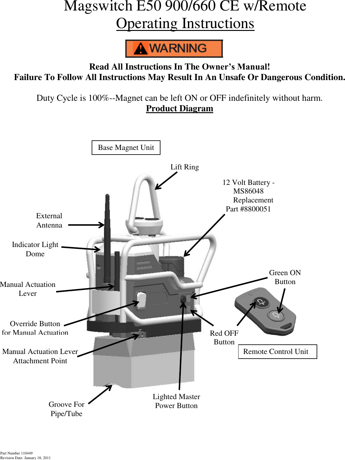 Part Number 110449 Revision Date: January 18, 2011 Magswitch E50 900/660 CE w/Remote Operating Instructions      Read All Instructions In The Owner’s Manual!   Failure To Follow All Instructions May Result In An Unsafe Or Dangerous Condition.  Duty Cycle is 100%--Magnet can be left ON or OFF indefinitely without harm. Product Diagram                                                “OFF” Position Manual Actuation Lever Override Button                      for Manual Actuation       12 Volt Battery - MS86048      Replacement Part #8800051 Manual Actuation Lever Attachment Point Green ON  Button    Red OFF Button  Lighted Master Power Button Groove For Pipe/Tube Indicator Light Dome Lift Ring Remote Control Unit Base Magnet Unit External Antenna 