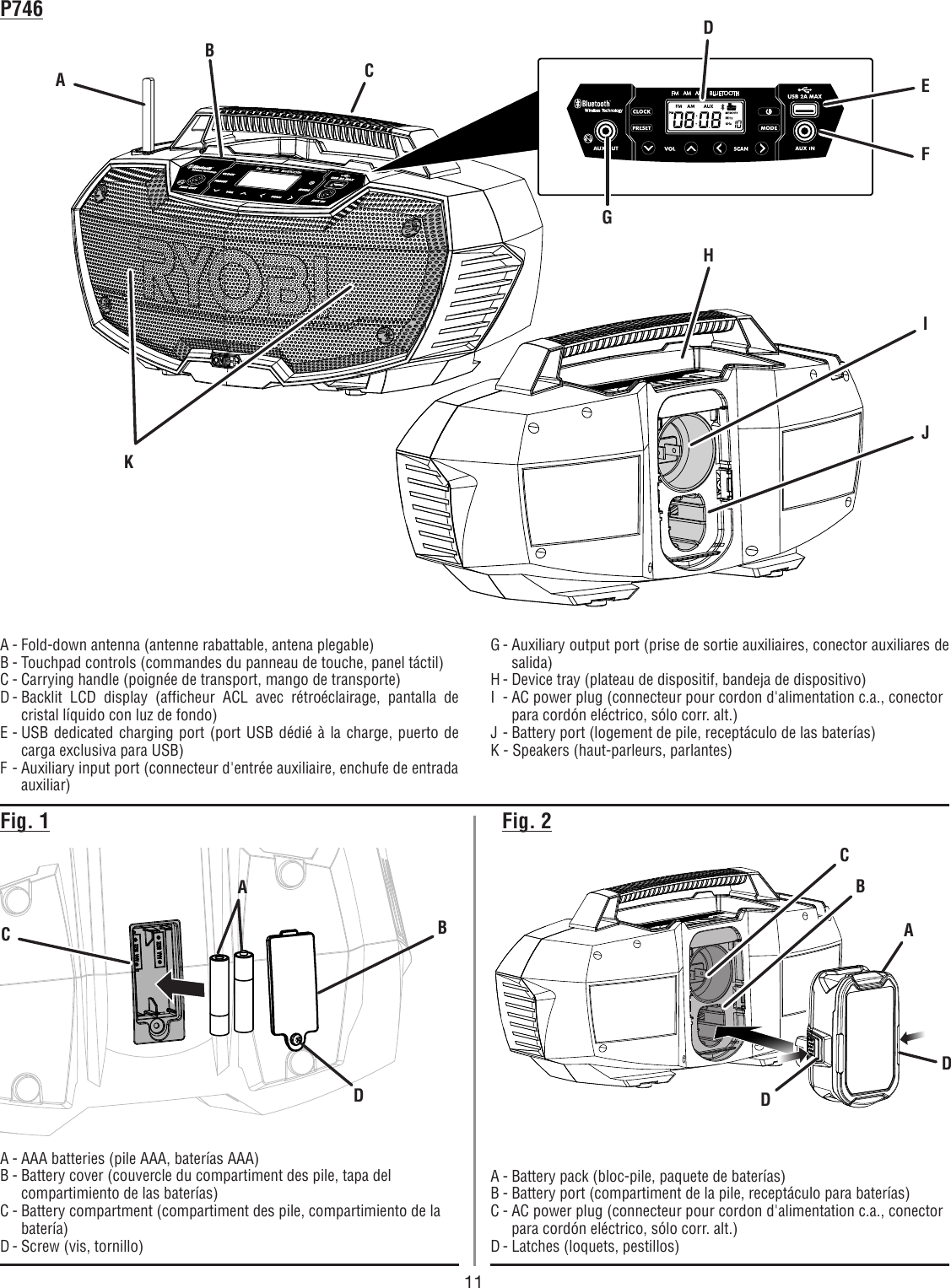 11P746Fig. 1 Fig. 2A - Fold-down antenna (antenne rabattable, antena plegable)B - Touchpad controls (commandes du panneau de touche, panel táctil)C - Carrying handle (poignée de transport, mango de transporte)D - Backlit LCD display (afficheur ACL avec rétroéclairage, pantalla de cristal líquido con luz de fondo)E - USB dedicated charging port (port USB dédié à la charge, puerto de carga exclusiva para USB)F - Auxiliary input port (connecteur d&apos;entrée auxiliaire, enchufe de entrada auxiliar)A - AAA batteries (pile AAA, baterías AAA)B - Battery cover (couvercle du compartiment des pile, tapa del compartimiento de las baterías)C - Battery compartment (compartiment des pile, compartimiento de la batería)D - Screw (vis, tornillo)CA - Battery pack (bloc-pile, paquete de baterías)B - Battery port (compartiment de la pile, receptáculo para baterías)C - AC power plug (connecteur pour cordon d&apos;alimentation c.a., conector para cordón eléctrico, sólo corr. alt.)D - Latches (loquets, pestillos)ADBABDCG - Auxiliary output port (prise de sortie auxiliaires, conector auxiliares de salida) H - Device tray (plateau de dispositif, bandeja de dispositivo)I  - AC power plug (connecteur pour cordon d&apos;alimentation c.a., conector para cordón eléctrico, sólo corr. alt.)J - Battery port (logement de pile, receptáculo de las baterías)K - Speakers (haut-parleurs, parlantes)ABCDEFGHIJKD