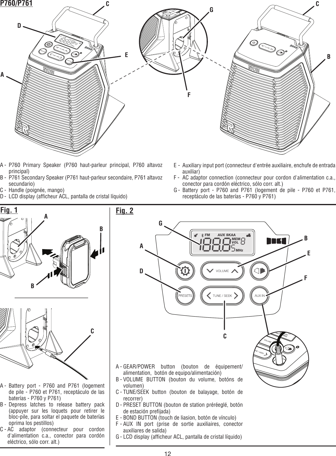 12Fig. 1 Fig. 2A - P760 Primary Speaker (P760 haut-parleur principal, P760 altavoz principal) B -  P761 Secondary Speaker (P761 haut-parleur secondaire, P761 altavoz secundario) C -  Handle (poignée, mango)D -  LCD display (afficheur ACL, pantalla de cristal líquido)AC CBDEFGACBBE -  Auxiliary input port (connecteur d&apos;entrée auxiliaire, enchufe de entrada auxiliar)F -  AC adaptor connection (connecteur pour cordon d&apos;alimentation c.a., conector para cordón eléctrico, sólo corr. alt.)G - Battery port - P760 and P761 (logement de pile - P760 et P761, receptáculo de las baterías - P760 y P761)A - Battery port - P760 and P761 (logement de pile - P760 et P761, receptáculo de las baterías - P760 y P761)B - Depress latches to release battery pack (appuyer sur les loquets pour retirer le bloc-pile, para soltar el paquete de baterías oprima los pestillos)C - AC adaptor (connecteur pour cordon d&apos;alimentation c.a., conector para cordón eléctrico, sólo corr. alt.)GA   BDFECA - GEAR/POWER button (bouton de équipement/alimentation,  botón de equipo/alimentación)B - VOLUME  BUTTON (bouton du volume, botóns de volumen)C - TUNE/SEEK  button (bouton de balayage, botón de recorrer)D - PRESET BUTTON (bouton de station préréeglé, botón de estación prefijada)E - BOND BUTTON (touch de liasion, botón de vínculo)F - AUX IN port (prise de sortie auxiliaires, conector auxiliares de salida)G - LCD display (afficheur ACL, pantalla de cristal líquido)P760/P761