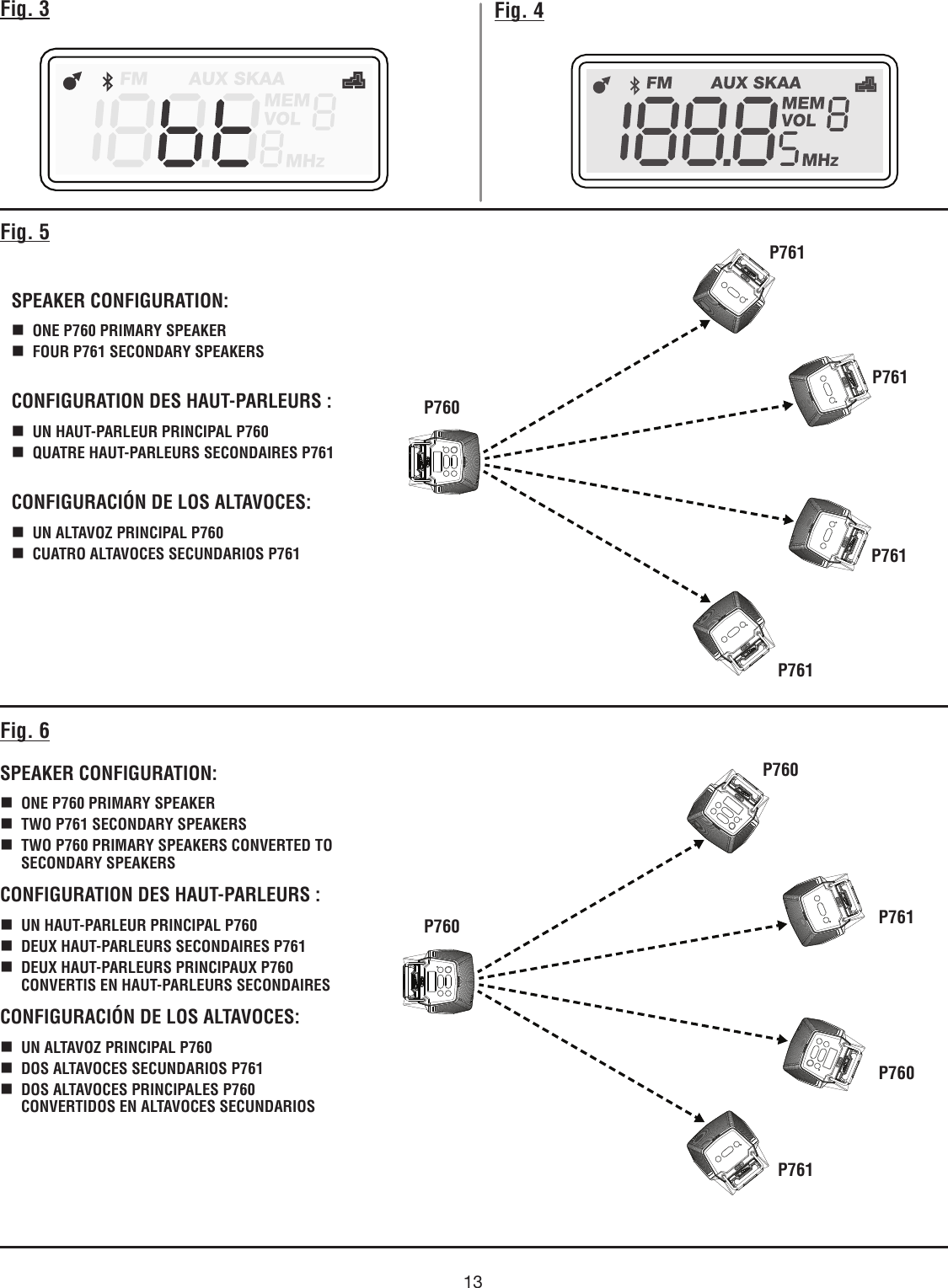 13Fig. 3 Fig. 4Fig. 5Fig. 6P760 P760 P760 P760 P761  P761  P761  P761  P761  P761  SPEAKER CONFIGURATION: ONE P760 PRIMARY SPEAKER  FOUR P761 SECONDARY SPEAKERSCONFIGURATION DES HAUT-PARLEURS : UN HAUT-PARLEUR PRINCIPAL P760 QUATRE HAUT-PARLEURS SECONDAIRES P761CONFIGURACIÓN DE LOS ALTAVOCES: UN ALTAVOZ PRINCIPAL P760  CUATRO ALTAVOCES SECUNDARIOS P761SPEAKER CONFIGURATION: ONE P760 PRIMARY SPEAKER TWO P761 SECONDARY SPEAKERS TWO P760 PRIMARY SPEAKERS CONVERTED TO SECONDARY SPEAKERSCONFIGURATION DES HAUT-PARLEURS : UN HAUT-PARLEUR PRINCIPAL P760 DEUX HAUT-PARLEURS SECONDAIRES P761 DEUX HAUT-PARLEURS PRINCIPAUX P760 CONVERTIS EN HAUT-PARLEURS SECONDAIRESCONFIGURACIÓN DE LOS ALTAVOCES: UN ALTAVOZ PRINCIPAL P760 DOS ALTAVOCES SECUNDARIOS P761 DOS ALTAVOCES PRINCIPALES P760 CONVERTIDOS EN ALTAVOCES SECUNDARIOS