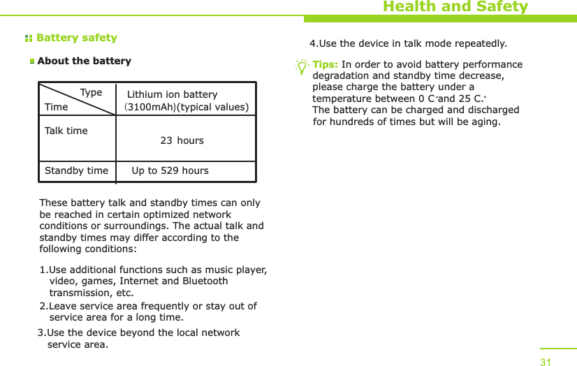 Battery safetyAbout the batteryHealth and SafetyTypeTimeTalk timeStandby timeLithium ion battery ( mAh)3100 (typical values) 23 hoursUp to 529 hoursThese battery talk and standby times can only be reached in certain optimized network conditions or surroundings. The actual talk and standby times may differ according to the following conditions:1.Use additional functions such as music player,    video, games, Internet and Bluetooth    transmission, etc.2.Leave service area frequently or stay out of    service area for a long time.3.Use the device beyond the local network    service area.4.Use the device in talk mode repeatedly.Tips: In order to avoid battery performance degradation and standby time decrease, please charge the battery under a temperature between 0 C and 25 C. The battery can be charged and discharged for hundreds of times but will be aging. 31