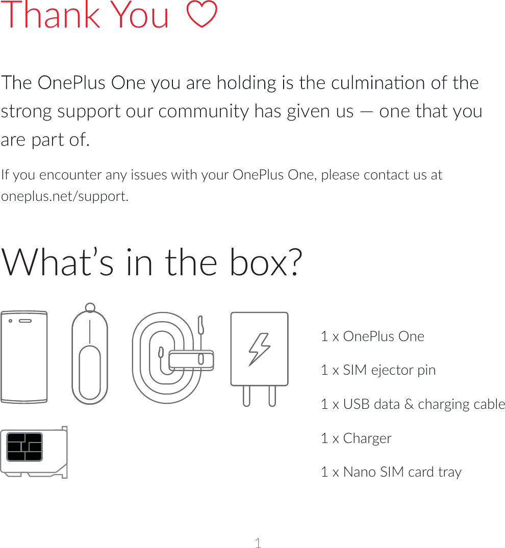 1Thank YouWhat’s in the box?strong support our community has given us — one that you are part of.If you encounter any issues with your OnePlus One, please contact us at oneplus.net/support.1 x OnePlus One1 x SIM ejector pin1 x USB data &amp; charging cable1 x Charger1 x Nano SIM card tray1 x User manual 