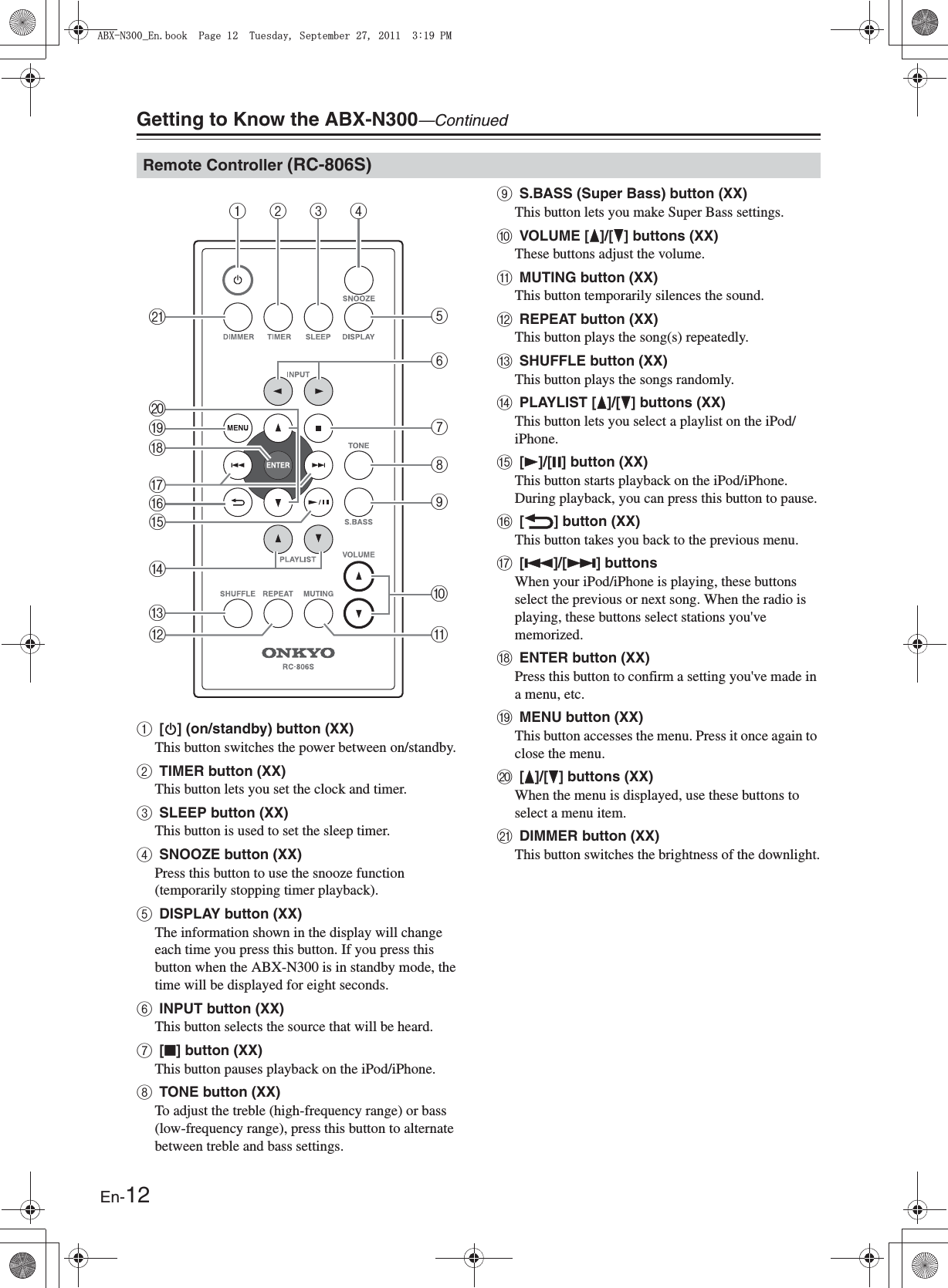 En-12Getting to Know the ABX-N300—Continueda[M] (on/standby) button (XX)This button switches the power between on/standby.bTIMER button (XX)This button lets you set the clock and timer.cSLEEP button (XX)This button is used to set the sleep timer.dSNOOZE button (XX)Press this button to use the snooze function (temporarily stopping timer playback).eDISPLAY button (XX)The information shown in the display will change each time you press this button. If you press this button when the ABX-N300 is in standby mode, the time will be displayed for eight seconds.fINPUT button (XX)This button selects the source that will be heard.g[J] button (XX)This button pauses playback on the iPod/iPhone.hTONE button (XX)To adjust the treble (high-frequency range) or bass (low-frequency range), press this button to alternate between treble and bass settings.iS.BASS (Super Bass) button (XX)This button lets you make Super Bass settings.jVOLUME [F]/[H] buttons (XX)These buttons adjust the volume.kMUTING button (XX)This button temporarily silences the sound.lREPEAT button (XX)This button plays the song(s) repeatedly.mSHUFFLE button (XX)This button plays the songs randomly.nPLAYLIST [F]/[H] buttons (XX)This button lets you select a playlist on the iPod/iPhone.o[U]/[I] button (XX)This button starts playback on the iPod/iPhone. During playback, you can press this button to pause.p[O] button (XX)This button takes you back to the previous menu.q[Q]/[R] buttonsWhen your iPod/iPhone is playing, these buttons select the previous or next song. When the radio is playing, these buttons select stations you&apos;ve memorized.rENTER button (XX)Press this button to confirm a setting you&apos;ve made in a menu, etc.sMENU button (XX)This button accesses the menu. Press it once again to close the menu.t[F]/[H] buttons (XX)When the menu is displayed, use these buttons to select a menu item.uDIMMER button (XX)This button switches the brightness of the downlight.Remote Controller (RC-806S)1 2 3 4k57896jmpsrulonqt#$:0A&apos;PDQQM2CIG6WGUFC[5GRVGODGT2/