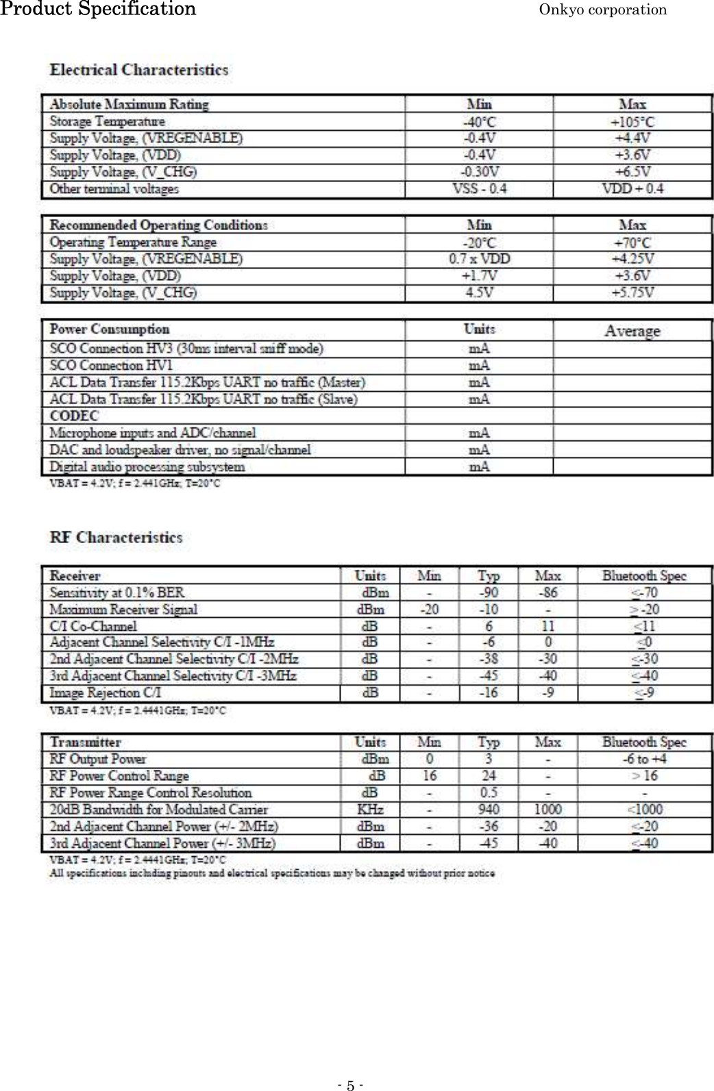 Product Specification    Onkyo corporation - 5 -         