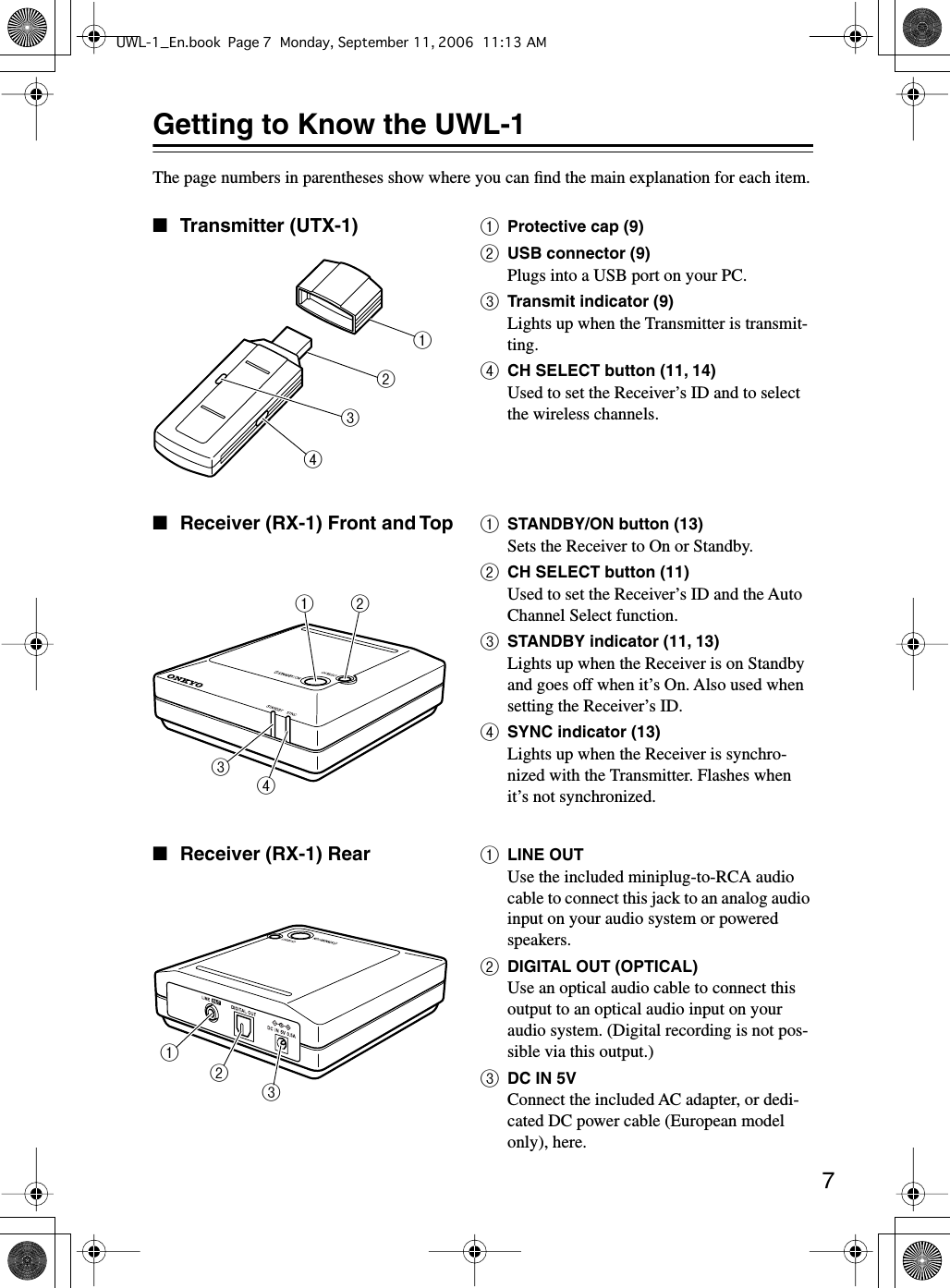  7 Getting to Know the UWL-1 The page numbers in parentheses show where you can ﬁnd the main explanation for each item.1243AProtective cap (9)BUSB connector (9)Plugs into a USB port on your PC.CTransmit indicator (9)Lights up when the Transmitter is transmit-ting.DCH SELECT button (11, 14)Used to set the Receiver’s ID and to select the wireless channels.■Transmitter (UTX-1)1342ASTANDBY/ON button (13)Sets the Receiver to On or Standby.BCH SELECT button (11)Used to set the Receiver’s ID and the Auto Channel Select function.CSTANDBY indicator (11, 13)Lights up when the Receiver is on Standby and goes off when it’s On. Also used when setting the Receiver’s ID.DSYNC indicator (13)Lights up when the Receiver is synchro-nized with the Transmitter. Flashes when it’s not synchronized.■Receiver (RX-1) Front and Top 123ALINE OUTUse the included miniplug-to-RCA audio cable to connect this jack to an analog audio input on your audio system or powered speakers.BDIGITAL OUT (OPTICAL)Use an optical audio cable to connect this output to an optical audio input on your audio system. (Digital recording is not pos-sible via this output.)CDC IN 5VConnect the included AC adapter, or dedi-cated DC power cable (European model only), here.■Receiver (RX-1) Rear UWL-1_En.book Page 7 Monday, September 11, 2006 11:13 AM