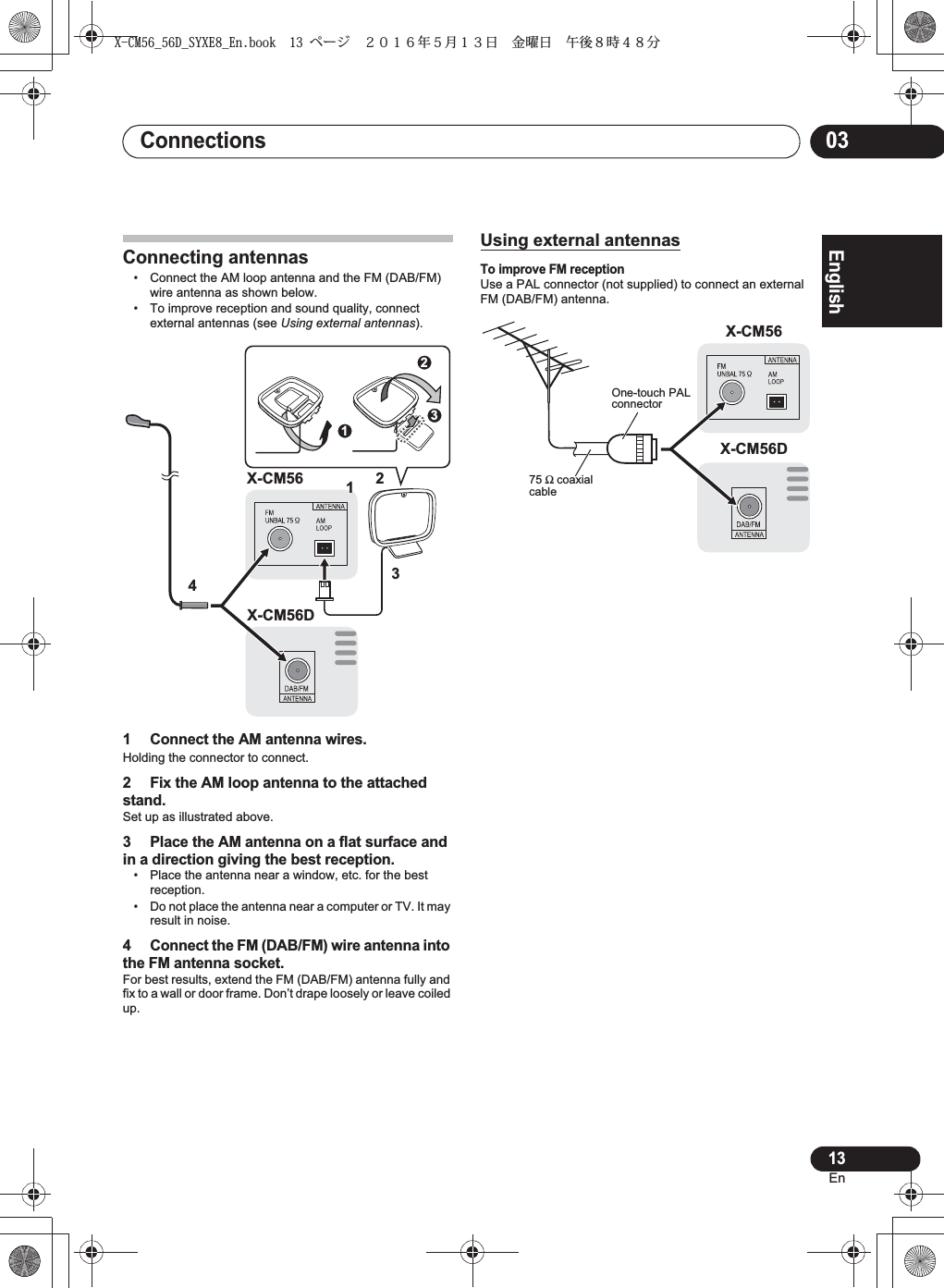  English Français Español  Using external antennas      2134123X-CM56X-CM56DX-CM56X-CM56DΩ X-CM56_56D_SYXE8_En.book  13 ページ  ２０１６年５月１３日 金曜日 午後８時４８分