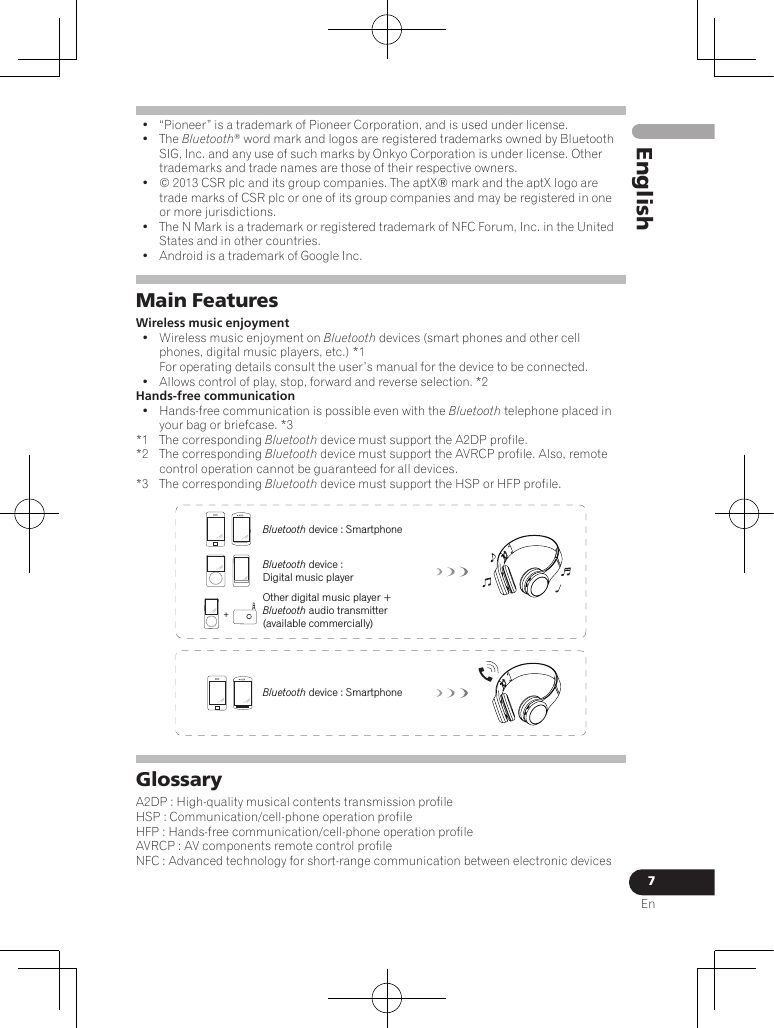 7EnEnglish•  “Pioneer” is a trademark of Pioneer Corporation, and is used under license.•  The Bluetooth® word mark and logos are registered trademarks owned by Bluetooth SIG, Inc. and any use of such marks by Onkyo Corporation is under license. Other trademarks and trade names are those of their respective owners.•  © 2013 CSR plc and its group companies. The aptX® mark and the aptX logo are trade marks of CSR plc or one of its group companies and may be registered in one or more jurisdictions.•  The N Mark is a trademark or registered trademark of NFC Forum, Inc. in the United States and in other countries.•  Android is a trademark of Google Inc.Main FeaturesWireless music enjoyment•  Wireless music enjoyment on Bluetooth devices (smart phones and other cell phones, digital music players, etc.) *1  For operating details consult the user’s manual for the device to be connected.•  Allows control of play, stop, forward and reverse selection. *2Hands-free communication•  Hands-free communication is possible even with the Bluetooth telephone placed in your bag or briefcase. *3*1  The corresponding Bluetooth device must support the A2DP profile.*2  The corresponding Bluetooth device must support the AVRCP profile. Also, remote control operation cannot be guaranteed for all devices.*3  The corresponding Bluetooth device must support the HSP or HFP profile.Bluetooth device : SmartphoneBluetooth device : SmartphoneBluetooth device : Digital music playerOther digital music player + Bluetooth audio transmitter (available commercially)＋GlossaryA2DP : High-quality musical contents transmission profileHSP : Communication/cell-phone operation profileHFP : Hands-free communication/cell-phone operation profileAVRCP : AV components remote control profileNFC : Advanced technology for short-range communication between electronic devices