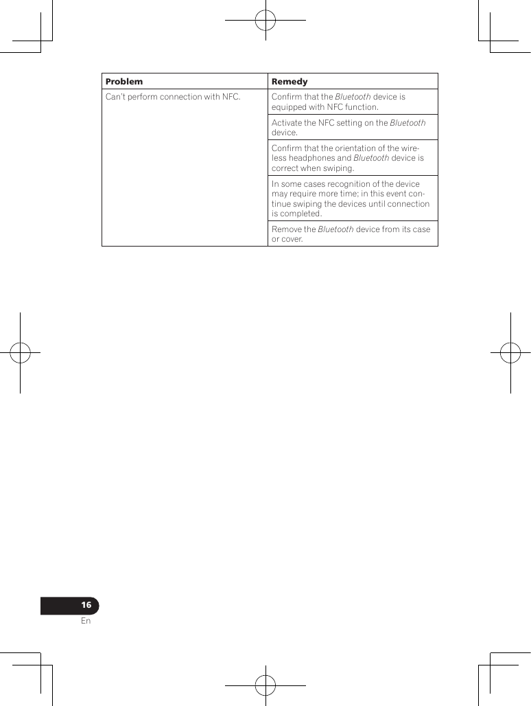 16EnProblem RemedyCan’t perform connection with NFC. Confirm that the Bluetooth device is equipped with NFC function.Activate the NFC setting on the Bluetooth device.Confirm that the orientation of the wire-less headphones and Bluetooth device is correct when swiping.In some cases recognition of the device may require more time; in this event con-tinue swiping the devices until connection is completed.Remove the Bluetooth device from its case or cover.