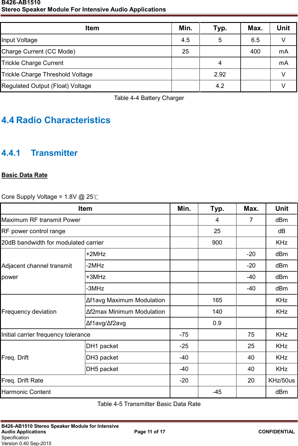  B426-AB1510   Stereo Speaker Module For Intensive Audio Applications                                                          B426-AB1510 Stereo Speaker Module for Intensive Audio Applications                                    Page 11 of 17                                      CONFIDENTIAL   Specification     Version 0.40 Sep-2015                     Item  Min.  Typ.  Max.  Unit Input Voltage  4.5  5  6.5  V Charge Current (CC Mode)  25    400  mA Trickle Charge Current    4    mA Trickle Charge Threshold Voltage    2.92    V Regulated Output (Float) Voltage    4.2    V Table 4-4 Battery Charger 4.4 Radio Characteristics 4.4.1  Transmitter Basic Data Rate  Core Supply Voltage = 1.8V @ 25  Item  Min.  Typ.  Max.  Unit Maximum RF transmit Power    4  7  dBm RF power control range    25    dB 20dB bandwidth for modulated carrier    900    KHz Adjacent channel transmit power +2MHz      -20  dBm -2MHz      -20  dBm +3MHz      -40  dBm -3MHz      -40  dBm Frequency deviation ∆f1avg Maximum Modulation   165    KHz ∆f2max Minimum Modulation   140    KHz ∆f1avg/∆f2avg    0.9     Initial carrier frequency tolerance  -75    75  KHz Freq. Drift DH1 packet  -25    25  KHz DH3 packet  -40    40  KHz DH5 packet  -40    40  KHz Freq. Drift Rate  -20    20  KHz/50us Harmonic Content    -45    dBm Table 4-5 Transmitter Basic Data Rate  