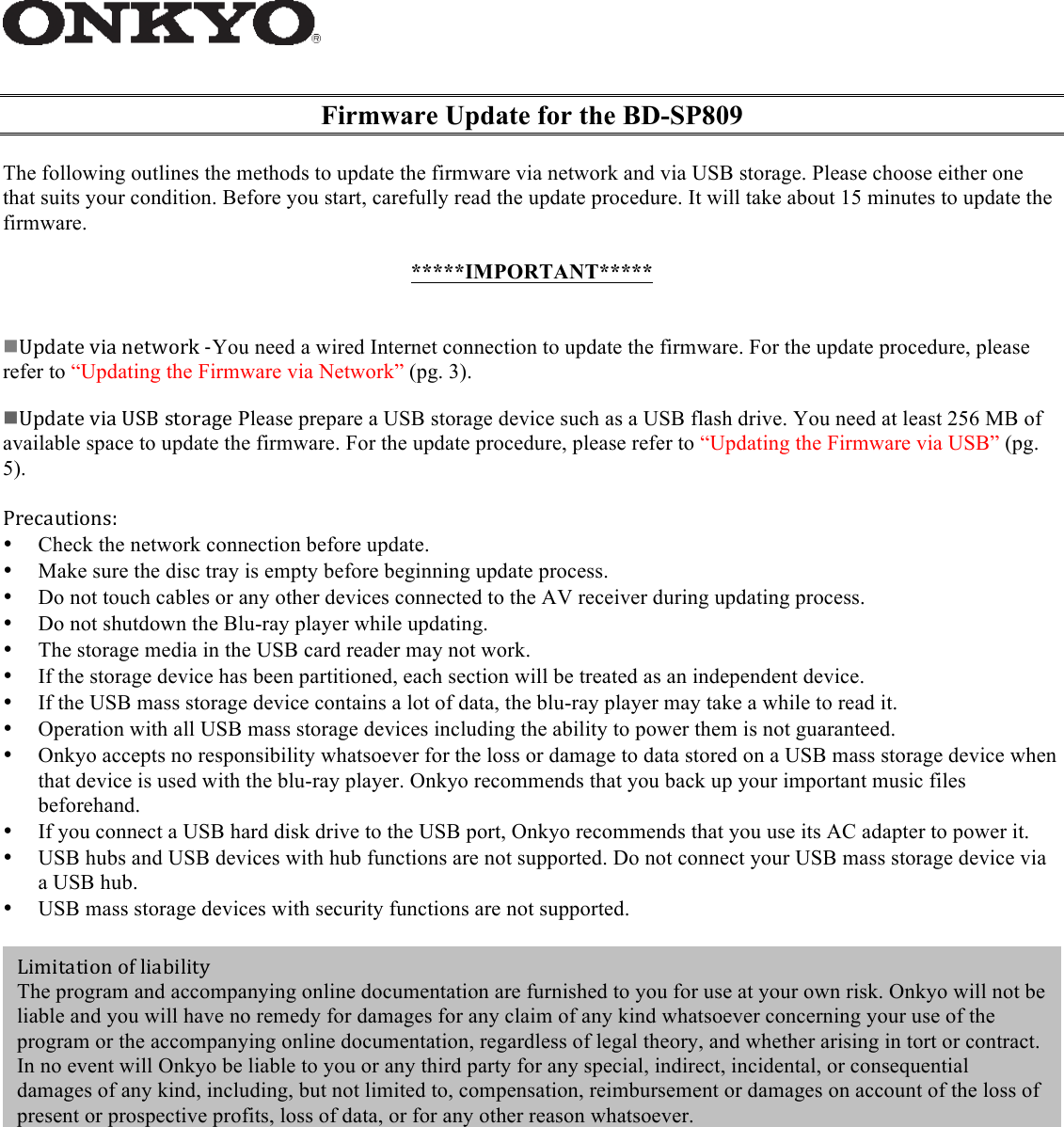 Onkyo Bd Sp809 Instruction Manual Firmware Update For The SP809_05_20_2014