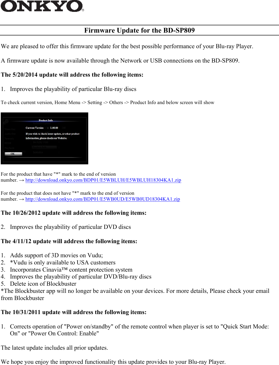 Onkyo Bd Sp809 Instruction Manual Firmware Update For The SP809_05_20_2014
