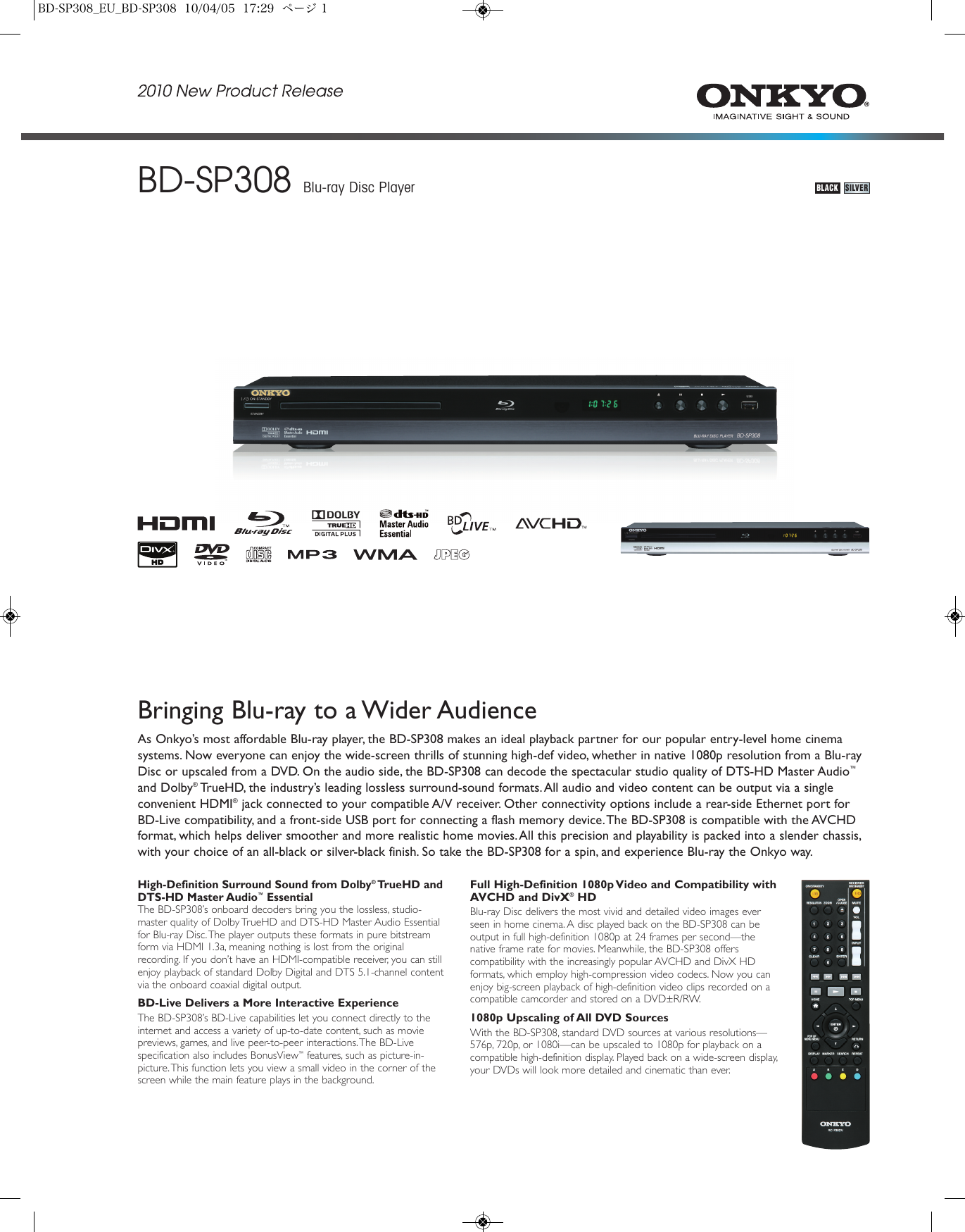 Page 1 of 2 - Onkyo Onkyo-Blu-Ray-Player-Bd-Sp308-Users-Manual- A-5VL_US  Onkyo-blu-ray-player-bd-sp308-users-manual