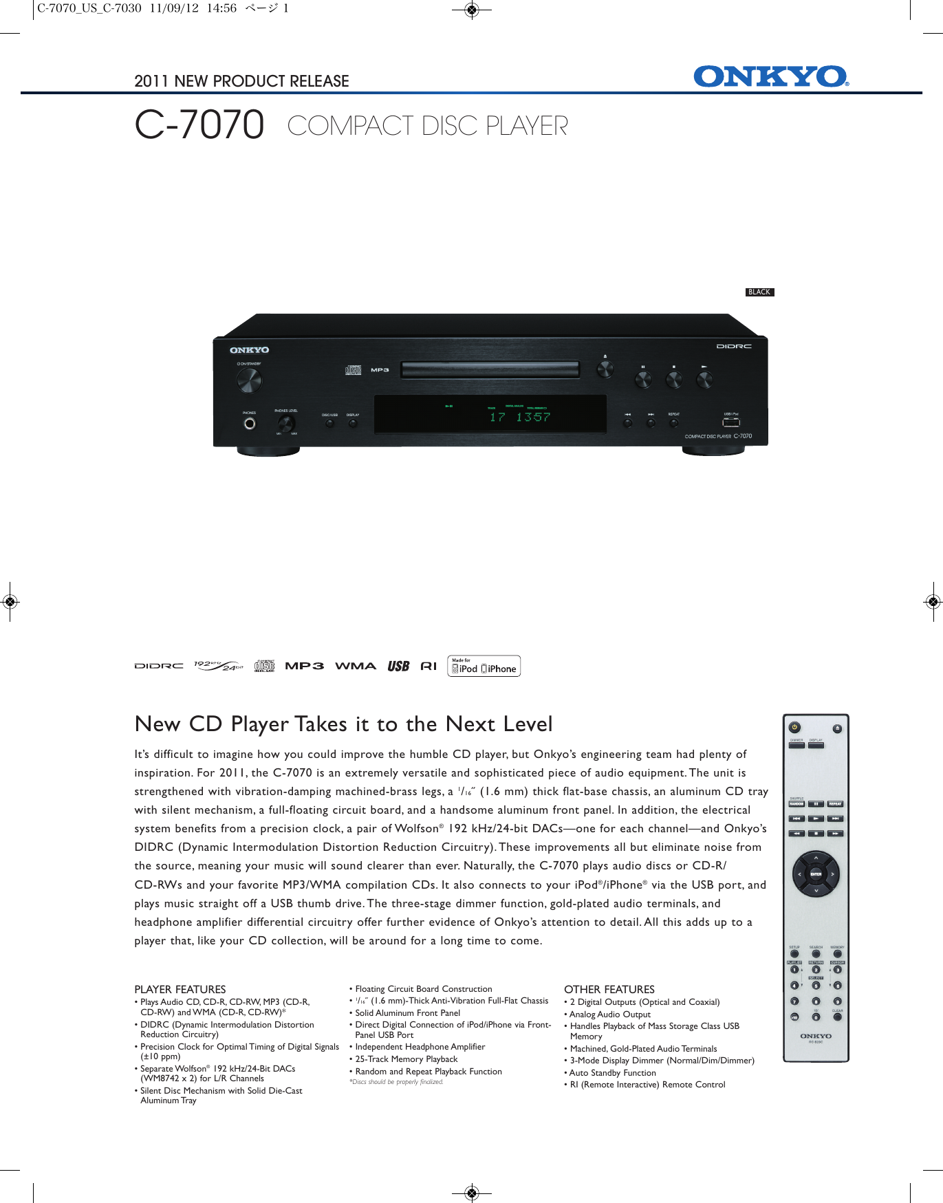 Page 1 of 2 - Onkyo Onkyo-C-7070-Product-Sheet- A-5VL_US  Onkyo-c-7070-product-sheet