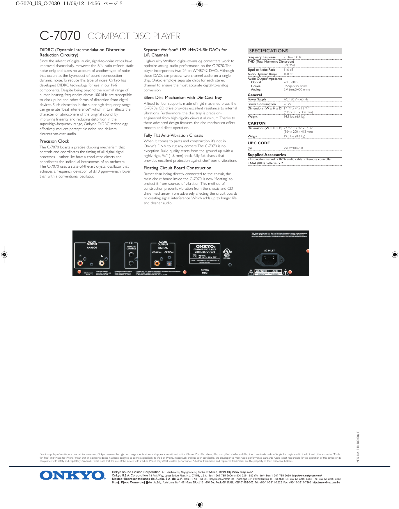 Page 2 of 2 - Onkyo Onkyo-C-7070-Product-Sheet- A-5VL_US  Onkyo-c-7070-product-sheet