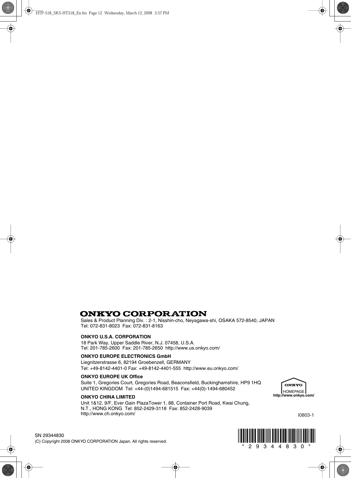 Page 12 of 12 - Onkyo Onkyo-Home-Theater-System-Htp-518-Users-Manual-  Onkyo-home-theater-system-htp-518-users-manual