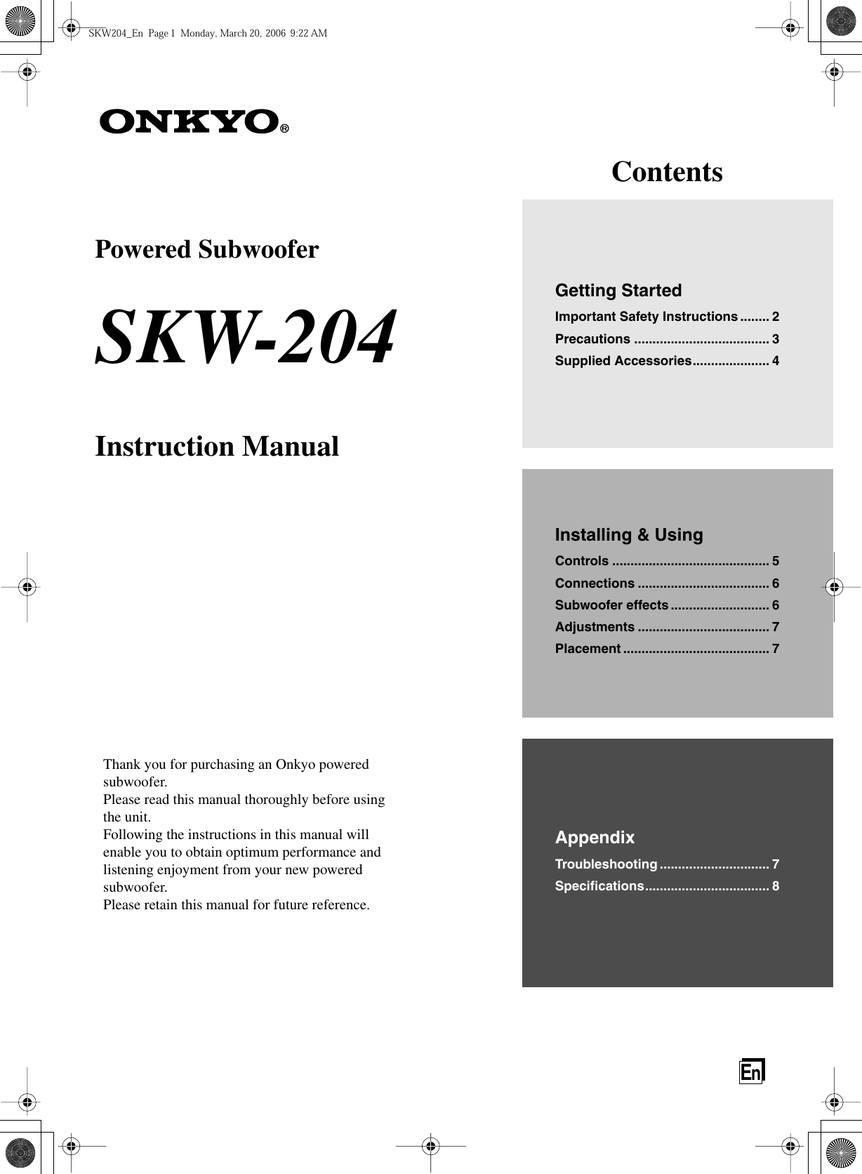 Page 1 of 8 - Onkyo Onkyo-Skw-204-Users-Manual-  Onkyo-skw-204-users-manual