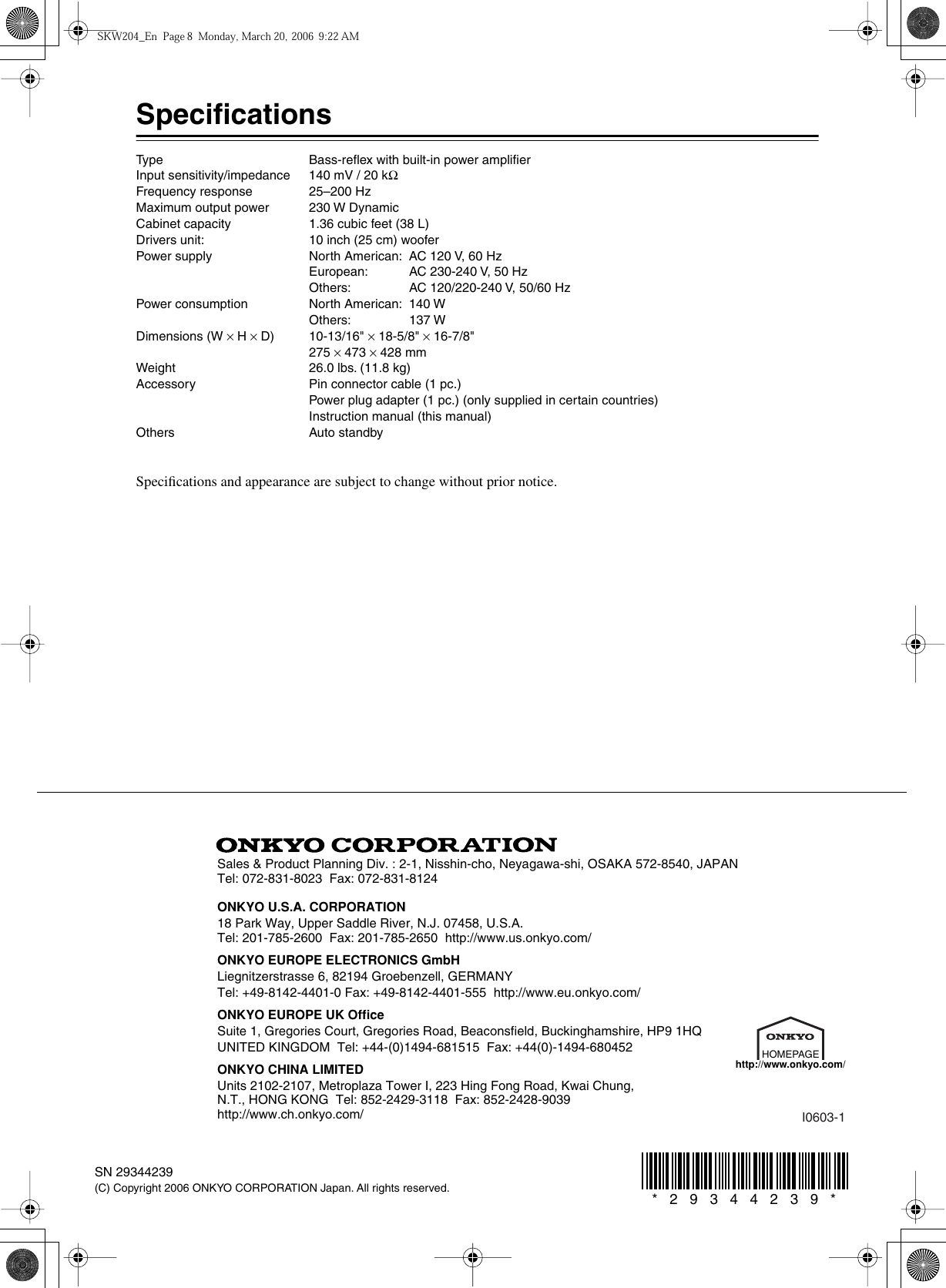 Page 8 of 8 - Onkyo Onkyo-Skw-204-Users-Manual-  Onkyo-skw-204-users-manual