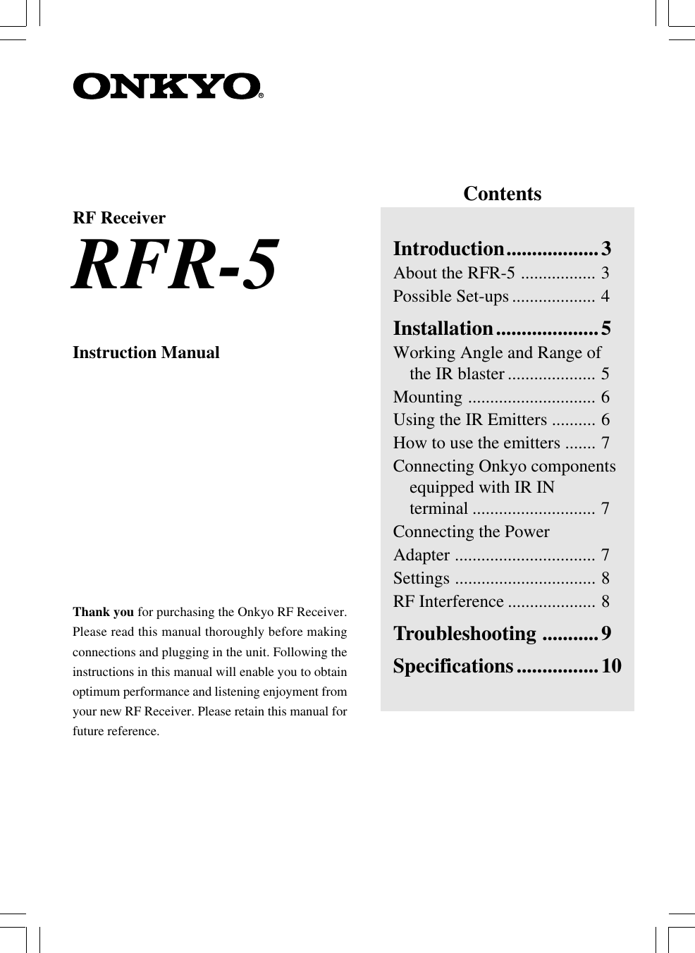Page 1 of 12 - Onkyo RFR-5 User Manual  To The A08a9144-0605-4de4-abe1-4b2273c7a9f6