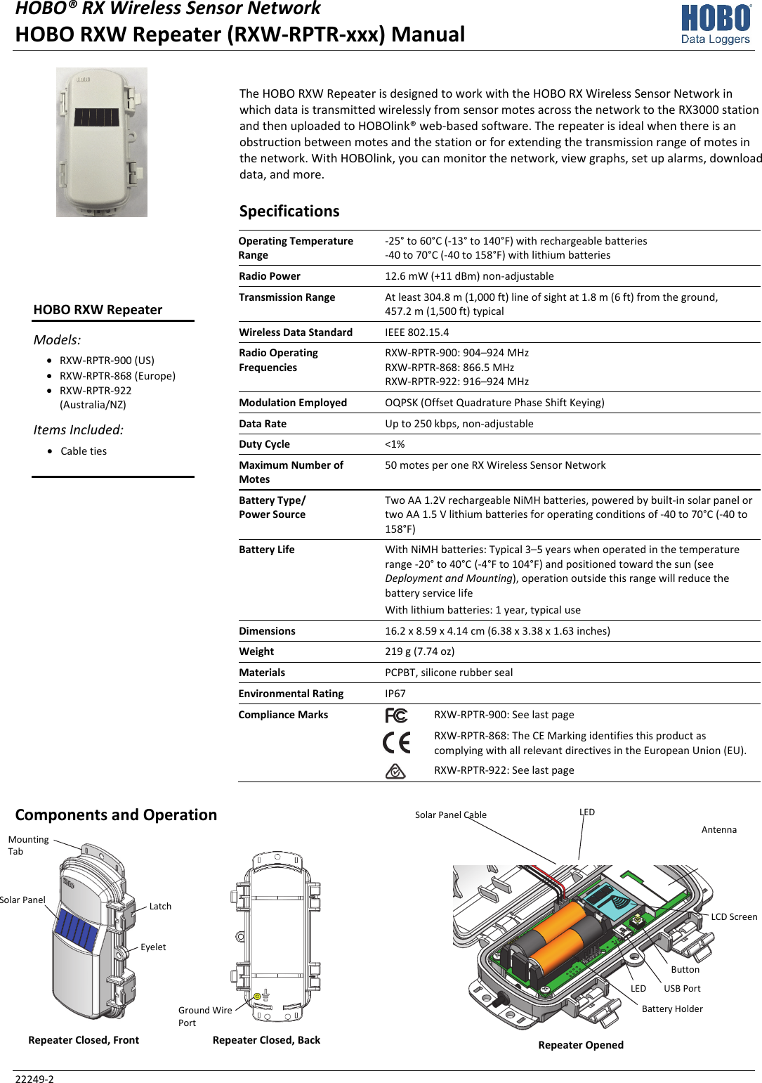 HOBO® RX Wireless Sensor Network  HOBO RXW Repeater (RXW-RPTR-xxx) Manual 22249-2 The HOBO RXW Repeater is designed to work with the HOBO RX Wireless Sensor Network in which data is transmitted wirelessly from sensor motes across the network to the RX3000 station and then uploaded to HOBOlink® web-based software. The repeater is ideal when there is an obstruction between motes and the station or for extending the transmission range of motes in the network. With HOBOlink, you can monitor the network, view graphs, set up alarms, download data, and more. Specifications Operating Temperature Range -25° to 60°C (-13° to 140°F) with rechargeable batteries -40 to 70°C (-40 to 158°F) with lithium batteries Radio Power  12.6 mW (+11 dBm) non-adjustable Transmission Range  At least 304.8 m (1,000 ft) line of sight at 1.8 m (6 ft) from the ground,  457.2 m (1,500 ft) typical Wireless Data Standard  IEEE 802.15.4 Radio Operating Frequencies RXW-RPTR-900: 904–924 MHz RXW-RPTR-868: 866.5 MHz RXW-RPTR-922: 916–924 MHz Modulation Employed  OQPSK (Offset Quadrature Phase Shift Keying) Data Rate  Up to 250 kbps, non-adjustable Duty Cycle  <1% Maximum Number of Motes 50 motes per one RX Wireless Sensor Network Battery Type/ Power Source Two AA 1.2V rechargeable NiMH batteries, powered by built-in solar panel or two AA 1.5 V lithium batteries for operating conditions of -40 to 70°C (-40 to 158°F) Battery Life  With NiMH batteries: Typical 3–5 years when operated in the temperature range -20° to 40°C (-4°F to 104°F) and positioned toward the sun (see Deployment and Mounting), operation outside this range will reduce the battery service life With lithium batteries: 1 year, typical use Dimensions  16.2 x 8.59 x 4.14 cm (6.38 x 3.38 x 1.63 inches) Weight  219 g (7.74 oz) Materials  PCPBT, silicone rubber seal Environmental Rating  IP67 Compliance Marks  RXW-RPTR-900: See last page  RXW-RPTR-868: The CE Marking identifies this product as complying with all relevant directives in the European Union (EU). RXW-RPTR-922: See last page  Components and Operation   Repeater Closed, Front  Repeater Closed, Back   Repeater Opened Mounting Tab Solar Panel  Latch HOBO RXW Repeater Models: • RXW-RPTR-900 (US) • RXW-RPTR-868 (Europe) • RXW-RPTR-922 (Australia/NZ) Items Included: • Cable ties  Solar Panel Cable Button USB Port Battery Holder Eyelet LCD Screen Antenna LED Ground Wire Port LED