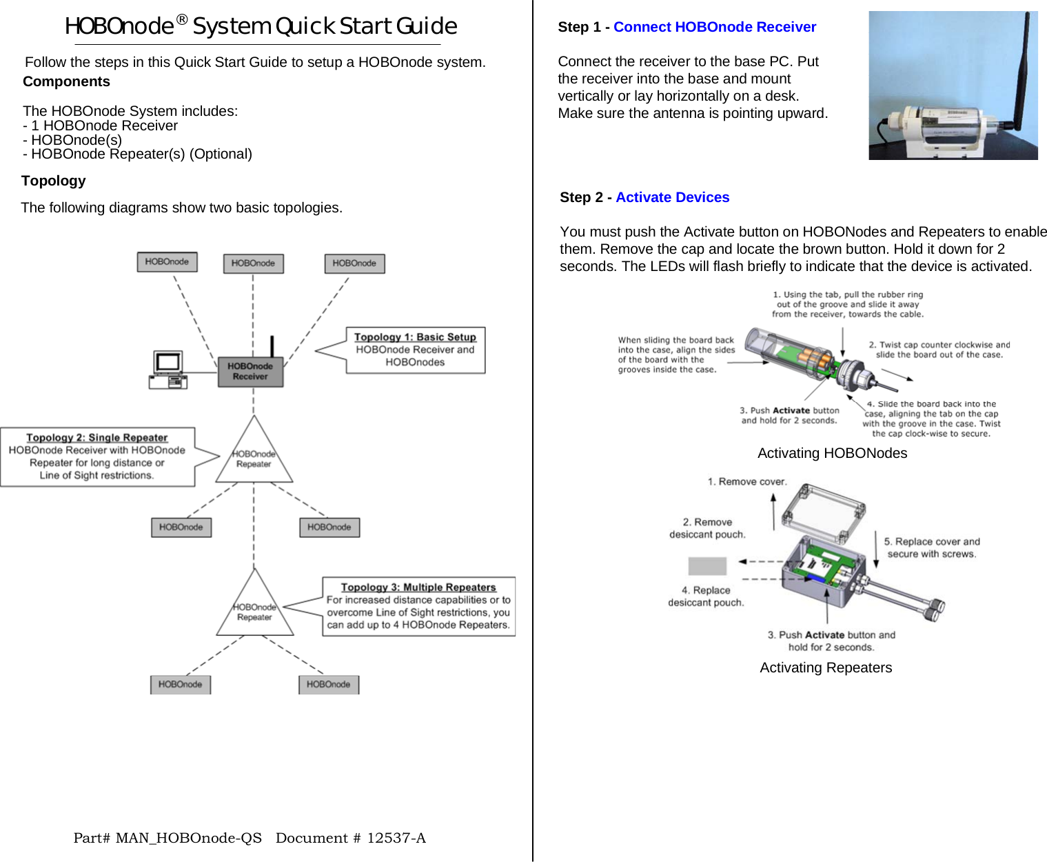 HOBOnode® System Quick Start GuideFollow the steps in this Quick Start Guide to setup a HOBOnode system.Part# MAN_HOBOnode-QS   Document # 12537-AStep 2 - Activate DevicesYou must push the Activate button on HOBONodes and Repeaters to enablethem. Remove the cap and locate the brown button. Hold it down for 2seconds. The LEDs will flash briefly to indicate that the device is activated.TopologyComponentsThe HOBOnode System includes:- 1 HOBOnode Receiver- HOBOnode(s)- HOBOnode Repeater(s) (Optional)Activating HOBONodesActivating RepeatersThe following diagrams show two basic topologies.Step 1 - Connect HOBOnode ReceiverConnect the receiver to the base PC. Putthe receiver into the base and mountvertically or lay horizontally on a desk.Make sure the antenna is pointing upward.