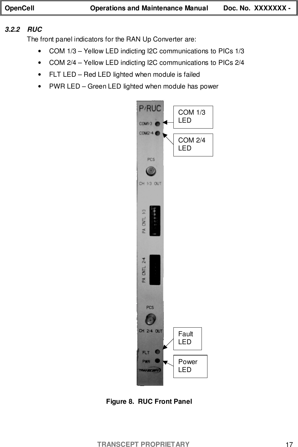 OpenCell Operations and Maintenance Manual Doc. No.  XXXXXXX -TRANSCEPT PROPRIETARY 173.2.2 RUCThe front panel indicators for the RAN Up Converter are:•  COM 1/3 – Yellow LED indicting I2C communications to PICs 1/3•  COM 2/4 – Yellow LED indicting I2C communications to PICs 2/4•  FLT LED – Red LED lighted when module is failed•  PWR LED – Green LED lighted when module has powerFigure 8.  RUC Front PanelPowerLEDFaultLEDCOM 2/4LEDCOM 1/3LED