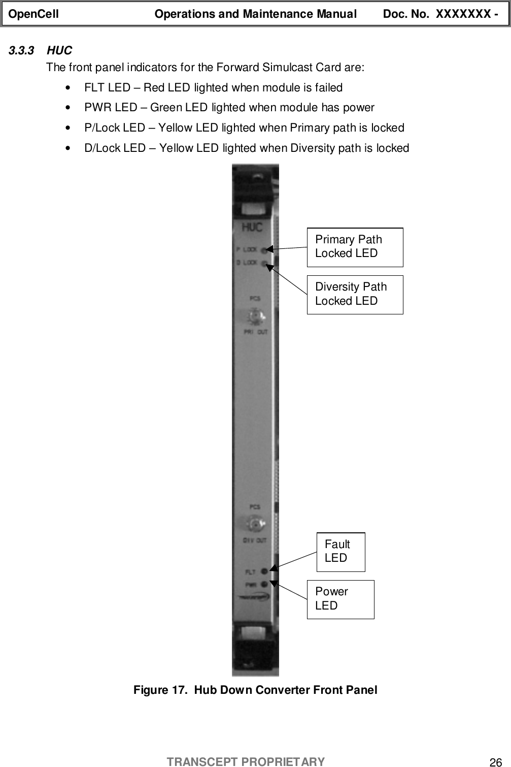 OpenCell Operations and Maintenance Manual Doc. No.  XXXXXXX -TRANSCEPT PROPRIETARY 263.3.3 HUCThe front panel indicators for the Forward Simulcast Card are:•  FLT LED – Red LED lighted when module is failed•  PWR LED – Green LED lighted when module has power•  P/Lock LED – Yellow LED lighted when Primary path is locked•  D/Lock LED – Yellow LED lighted when Diversity path is lockedFigure 17.  Hub Down Converter Front PanelDiversity PathLocked LEDPrimary PathLocked LEDFaultLEDPowerLED