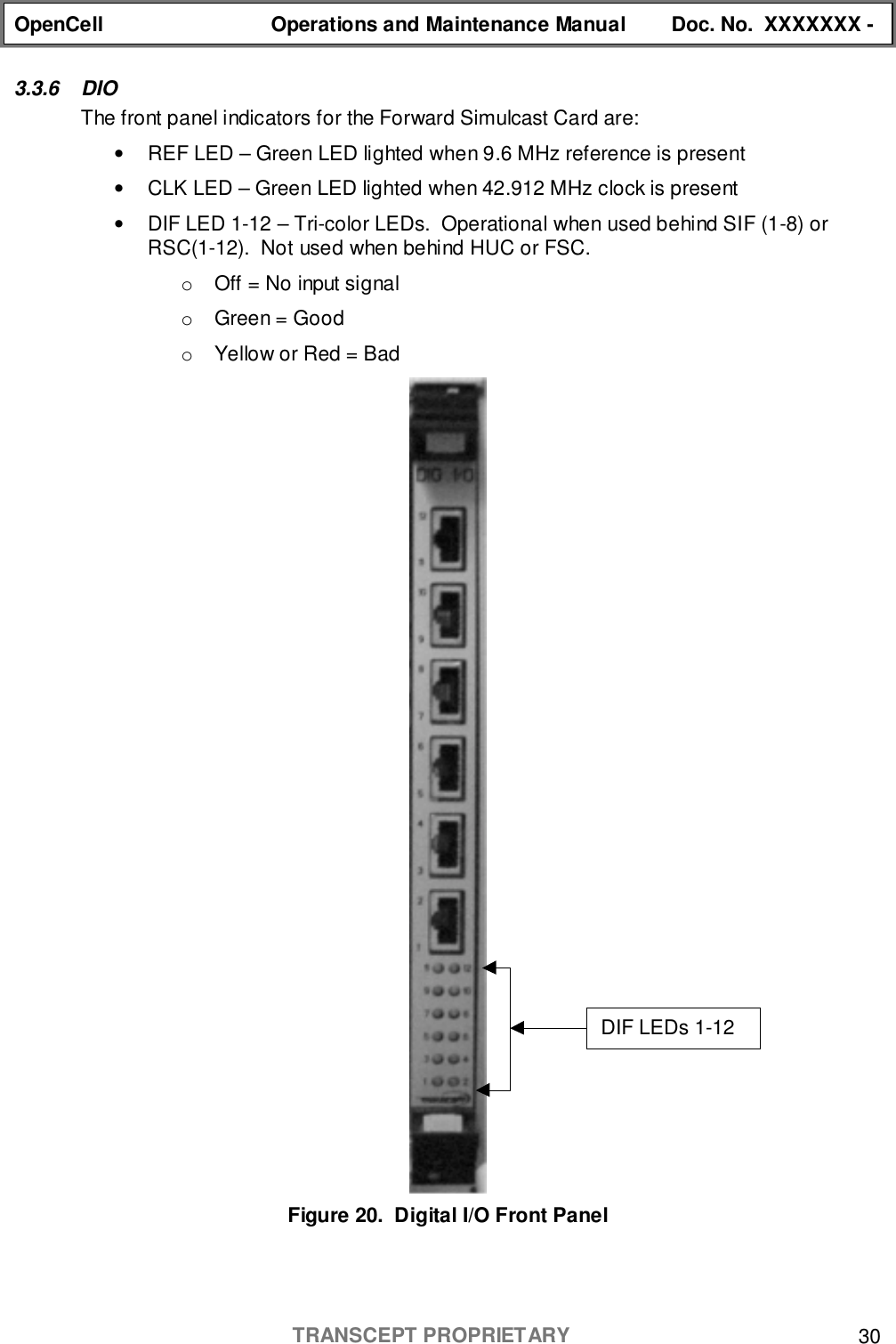 OpenCell Operations and Maintenance Manual Doc. No.  XXXXXXX -TRANSCEPT PROPRIETARY 303.3.6 DIOThe front panel indicators for the Forward Simulcast Card are:•  REF LED – Green LED lighted when 9.6 MHz reference is present•  CLK LED – Green LED lighted when 42.912 MHz clock is present•  DIF LED 1-12 – Tri-color LEDs.  Operational when used behind SIF (1-8) orRSC(1-12).  Not used when behind HUC or FSC.o  Off = No input signalo  Green = Goodo  Yellow or Red = BadFigure 20.  Digital I/O Front PanelDIF LEDs 1-12