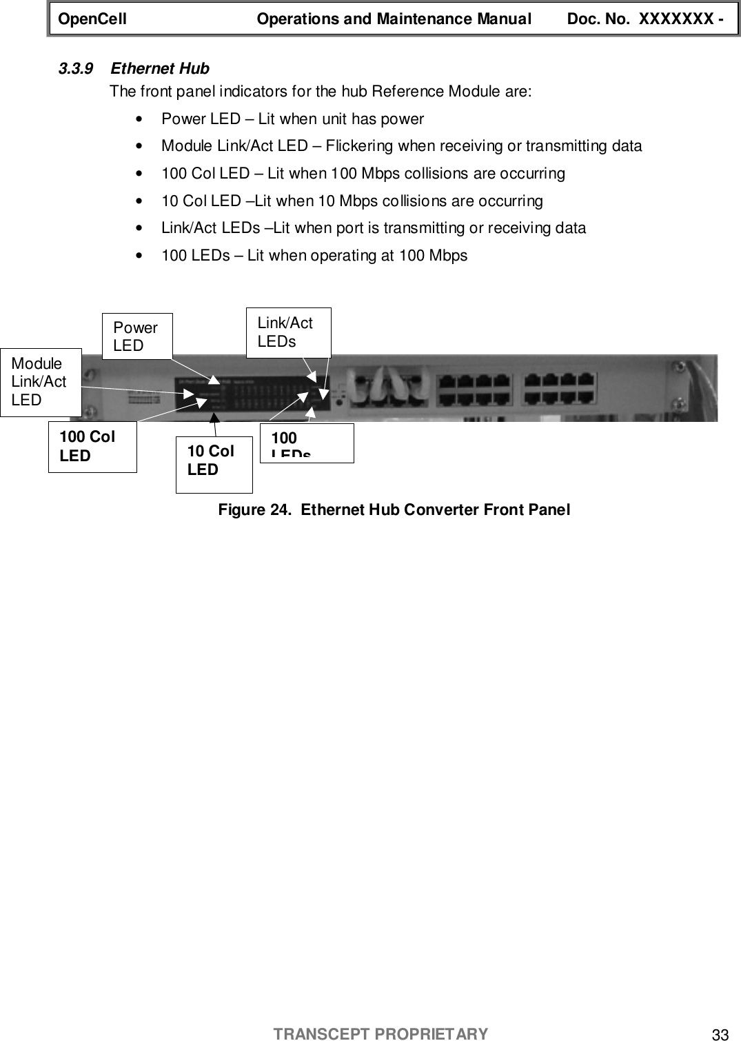 OpenCell Operations and Maintenance Manual Doc. No.  XXXXXXX -TRANSCEPT PROPRIETARY 333.3.9 Ethernet HubThe front panel indicators for the hub Reference Module are:•  Power LED – Lit when unit has power•  Module Link/Act LED – Flickering when receiving or transmitting data•  100 Col LED – Lit when 100 Mbps collisions are occurring•  10 Col LED –Lit when 10 Mbps collisions are occurring•  Link/Act LEDs –Lit when port is transmitting or receiving data•  100 LEDs – Lit when operating at 100 MbpsFigure 24.  Ethernet Hub Converter Front PanelLink/ActLEDsPowerLEDModuleLink/ActLED100LEDs10 ColLED100 ColLED