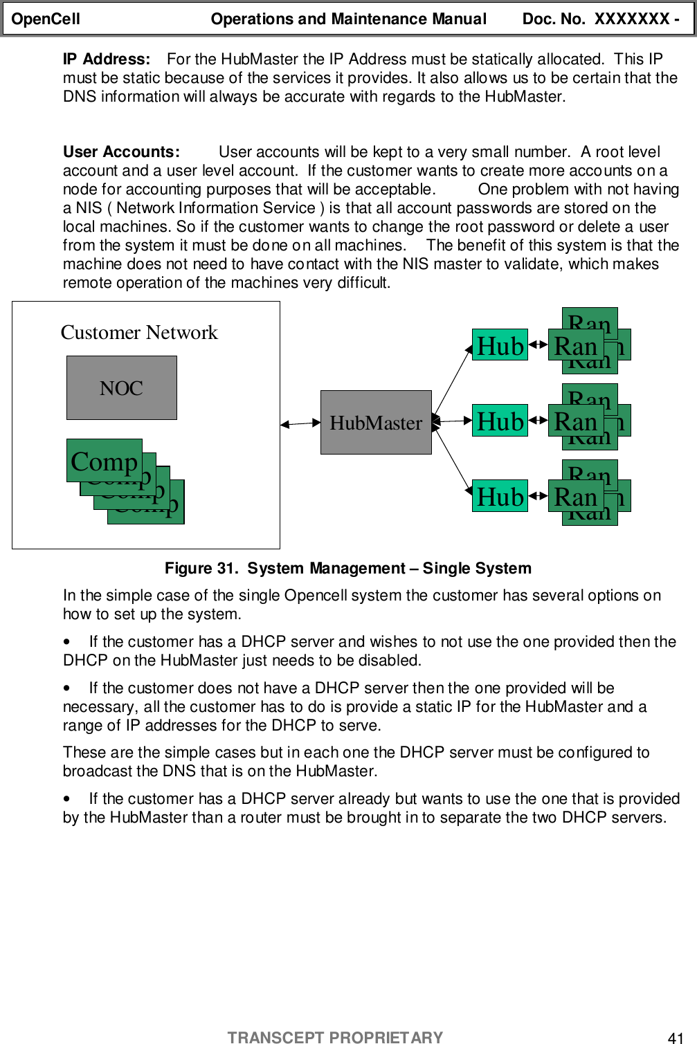 OpenCell Operations and Maintenance Manual Doc. No.  XXXXXXX -TRANSCEPT PROPRIETARY 41IP Address: For the HubMaster the IP Address must be statically allocated.  This IPmust be static because of the services it provides. It also allows us to be certain that theDNS information will always be accurate with regards to the HubMaster.User Accounts: User accounts will be kept to a very small number.  A root levelaccount and a user level account.  If the customer wants to create more accounts on anode for accounting purposes that will be acceptable. One problem with not havinga NIS ( Network Information Service ) is that all account passwords are stored on thelocal machines. So if the customer wants to change the root password or delete a userfrom the system it must be done on all machines. The benefit of this system is that themachine does not need to have contact with the NIS master to validate, which makesremote operation of the machines very difficult.Figure 31.  System Management – Single SystemIn the simple case of the single Opencell system the customer has several options onhow to set up the system.•  If the customer has a DHCP server and wishes to not use the one provided then theDHCP on the HubMaster just needs to be disabled.•  If the customer does not have a DHCP server then the one provided will benecessary, all the customer has to do is provide a static IP for the HubMaster and arange of IP addresses for the DHCP to serve.These are the simple cases but in each one the DHCP server must be configured tobroadcast the DNS that is on the HubMaster.•  If the customer has a DHCP server already but wants to use the one that is providedby the HubMaster than a router must be brought in to separate the two DHCP servers.Hub RanRanRanRanHub RanRanRanRanHub RanRanRanRanHubMasterNOCCompCompCompCompCustomer Network