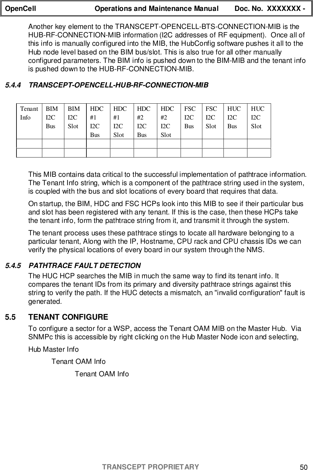 OpenCell Operations and Maintenance Manual Doc. No.  XXXXXXX -TRANSCEPT PROPRIETARY 50Another key element to the TRANSCEPT-OPENCELL-BTS-CONNECTION-MIB is theHUB-RF-CONNECTION-MIB information (I2C addresses of RF equipment).  Once all ofthis info is manually configured into the MIB, the HubConfig software pushes it all to theHub node level based on the BIM bus/slot. This is also true for all other manuallyconfigured parameters. The BIM info is pushed down to the BIM-MIB and the tenant infois pushed down to the HUB-RF-CONNECTION-MIB.5.4.4 TRANSCEPT-OPENCELL-HUB-RF-CONNECTION-MIBTenantInfoBIMI2CBusBIMI2CSlotHDC#1I2CBusHDC#1I2CSlotHDC#2I2CBusHDC#2I2CSlotFSCI2CBusFSCI2CSlotHUCI2CBusHUCI2CSlotThis MIB contains data critical to the successful implementation of pathtrace information.The Tenant Info string, which is a component of the pathtrace string used in the system,is coupled with the bus and slot locations of every board that requires that data.On startup, the BIM, HDC and FSC HCPs look into this MIB to see if their particular busand slot has been registered with any tenant. If this is the case, then these HCPs takethe tenant info, form the pathtrace string from it, and transmit it through the system.The tenant process uses these pathtrace stings to locate all hardware belonging to aparticular tenant, Along with the IP, Hostname, CPU rack and CPU chassis IDs we canverify the physical locations of every board in our system through the NMS.5.4.5  PATHTRACE FAULT DETECTIONThe HUC HCP searches the MIB in much the same way to find its tenant info. Itcompares the tenant IDs from its primary and diversity pathtrace strings against thisstring to verify the path. If the HUC detects a mismatch, an &quot;invalid configuration&quot; fault isgenerated.5.5 TENANT CONFIGURETo configure a sector for a WSP, access the Tenant OAM MIB on the Master Hub.  ViaSNMPc this is accessible by right clicking on the Hub Master Node icon and selecting,Hub Master InfoTenant OAM InfoTenant OAM Info