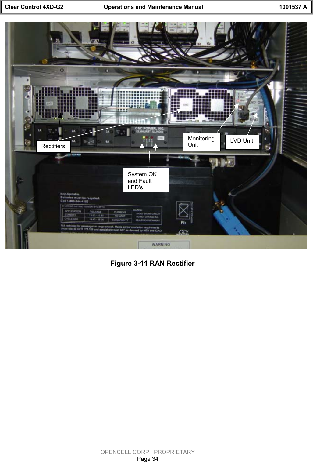 Clear Control 4XD-G2 Operations and Maintenance Manual 1001537 AOPENCELL CORP.  PROPRIETARYPage 34Figure 3-11 RAN Rectifier MonitoringUnit LVD UnitRectifiersSystem OKand FaultLED’s