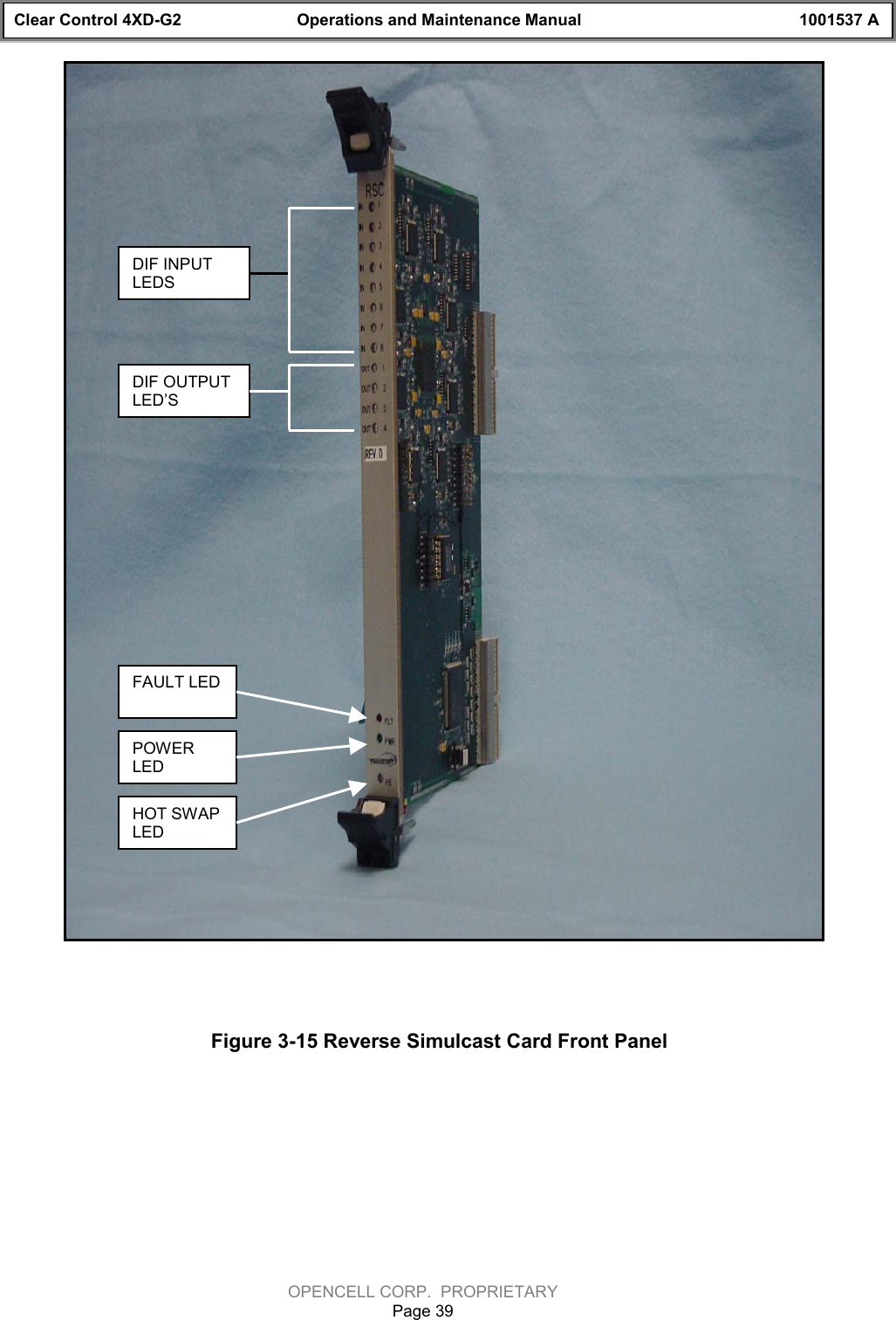 Clear Control 4XD-G2 Operations and Maintenance Manual 1001537 AOPENCELL CORP.  PROPRIETARYPage 39Figure 3-15 Reverse Simulcast Card Front PanelDIF OUTPUTLED’SDIF INPUTLEDSFAULT LEDPOWERLEDHOT SWAPLED