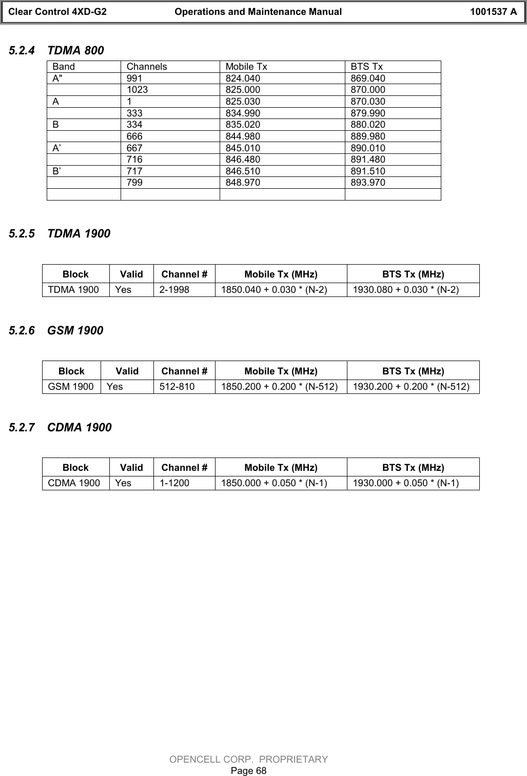 Clear Control 4XD-G2 Operations and Maintenance Manual 1001537 AOPENCELL CORP.  PROPRIETARYPage 685.2.4  TDMA 800Band Channels Mobile Tx BTS TxA&quot; 991 824.040 869.0401023 825.000 870.000A 1 825.030 870.030333 834.990 879.990B334 835.020 880.020666 844.980 889.980A’ 667 845.010 890.010716 846.480 891.480B’ 717 846.510 891.510799 848.970 893.9705.2.5  TDMA 1900Block Valid Channel # Mobile Tx (MHz) BTS Tx (MHz)TDMA 1900 Yes 2-1998 1850.040 + 0.030 * (N-2) 1930.080 + 0.030 * (N-2)5.2.6  GSM 1900Block Valid Channel # Mobile Tx (MHz) BTS Tx (MHz)GSM 1900 Yes 512-810 1850.200 + 0.200 * (N-512) 1930.200 + 0.200 * (N-512)5.2.7  CDMA 1900Block Valid Channel # Mobile Tx (MHz) BTS Tx (MHz)CDMA 1900 Yes 1-1200 1850.000 + 0.050 * (N-1) 1930.000 + 0.050 * (N-1)