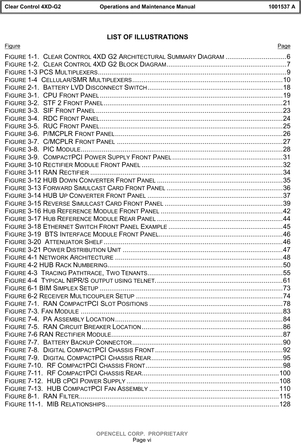 Clear Control 4XD-G2 Operations and Maintenance Manual 1001537 AOPENCELL CORP.  PROPRIETARYPage viLIST OF ILLUSTRATIONSFigure PageFIGURE 1-1.  CLEAR CONTROL 4XD G2 ARCHITECTURAL SUMMARY DIAGRAM ................................6FIGURE 1-2.  CLEAR CONTROL 4XD G2 BLOCK DIAGRAM...............................................................7FIGURE 1-3 PCS MULTIPLEXERS...................................................................................................9FIGURE 1-4  CELLULAR/SMR MULTIPLEXERS...............................................................................10FIGURE 2-1.  BATTERY LVD DISCONNECT SWITCH.......................................................................18FIGURE 3-1.  CPU FRONT PANEL ................................................................................................19FIGURE 3-2.  STF 2 FRONT PANEL..............................................................................................21FIGURE 3-3.  SIF FRONT PANEL..................................................................................................23FIGURE 3-4.  RDC FRONT PANEL................................................................................................24FIGURE 3-5.  RUC FRONT PANEL................................................................................................25FIGURE 3-6.  P/MCPLR FRONT PANEL........................................................................................26FIGURE 3-7.  C/MCPLR FRONT PANEL .......................................................................................27FIGURE 3-8.  PIC MODULE..........................................................................................................28FIGURE 3-9.  COMPACTPCI POWER SUPPLY FRONT PANEL ..........................................................31FIGURE 3-10 RECTIFIER MODULE FRONT PANEL ..........................................................................32FIGURE 3-11 RAN RECTIFIER .....................................................................................................34FIGURE 3-12 HUB DOWN CONVERTER FRONT PANEL ..................................................................35FIGURE 3-13 FORWARD SIMULCAST CARD FRONT PANEL .............................................................36FIGURE 3-14 HUB UP CONVERTER FRONT PANEL .......................................................................37FIGURE 3-15 REVERSE SIMULCAST CARD FRONT PANEL ..............................................................39FIGURE 3-16 HUB REFERENCE MODULE FRONT PANEL ................................................................42FIGURE 3-17 HUB REFERENCE MODULE REAR PANEL ..................................................................44FIGURE 3-18 ETHERNET SWITCH FRONT PANEL EXAMPLE ............................................................45FIGURE 3-19  BTS INTERFACE MODULE FRONT PANEL.................................................................46FIGURE 3-20  ATTENUATOR SHELF ..............................................................................................46FIGURE 3-21 POWER DISTRIBUTION UNIT ....................................................................................47FIGURE 4-1 NETWORK ARCHITECTURE ........................................................................................48FIGURE 4-2 HUB RACK NUMBERING............................................................................................50FIGURE 4-3  TRACING PATHTRACE, TWO TENANTS.......................................................................55FIGURE 4-4  TYPICAL NIPR/S OUTPUT USING TELNET...................................................................61FIGURE 6-1 BIM SIMPLEX SETUP ................................................................................................73FIGURE 6-2 RECEIVER MULTICOUPLER SETUP .............................................................................74FIGURE 7-1.  RAN COMPACTPCI SLOT POSITIONS ......................................................................78FIGURE 7-3. FAN MODULE ..........................................................................................................83FIGURE 7-4.  PA ASSEMBLY LOCATION........................................................................................84FIGURE 7-5.  RAN CIRCUIT BREAKER LOCATION ..........................................................................86FIGURE 7-6 RAN RECTIFIER MODULE..........................................................................................87FIGURE 7-7.  BATTERY BACKUP CONNECTOR...............................................................................90FIGURE 7-8.  DIGITAL COMPACTPCI CHASSIS FRONT ...................................................................92FIGURE 7-9.  DIGITAL COMPACTPCI CHASSIS REAR.....................................................................95FIGURE 7-10.  RF COMPACTPCI CHASSIS FRONT........................................................................98FIGURE 7-11.  RF COMPACTPCI CHASSIS REAR........................................................................100FIGURE 7-12.  HUB CPCI POWER SUPPLY ................................................................................108FIGURE 7-13.  HUB COMPACTPCI FAN ASSEMBLY ....................................................................110FIGURE 8-1.  RAN FILTER.........................................................................................................115FIGURE 11-1.  MIB RELATIONSHIPS...........................................................................................128