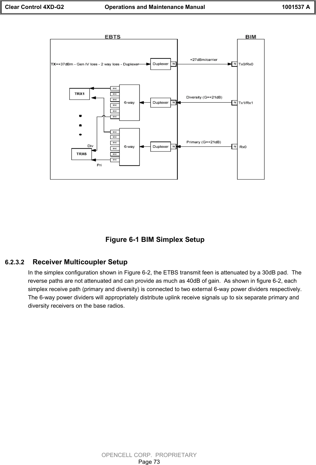 Clear Control 4XD-G2 Operations and Maintenance Manual 1001537 AOPENCELL CORP.  PROPRIETARYPage 73Figure 6-1 BIM Simplex Setup6.2.3.2  Receiver Multicoupler SetupIn the simplex configuration shown in Figure 6-2, the ETBS transmit feen is attenuated by a 30dB pad.  Thereverse paths are not attenuated and can provide as much as 40dB of gain.  As shown in figure 6-2, eachsimplex receive path (primary and diversity) is connected to two external 6-way power dividers respectively.The 6-way power dividers will appropriately distribute uplink receive signals up to six separate primary anddiversity receivers on the base radios.