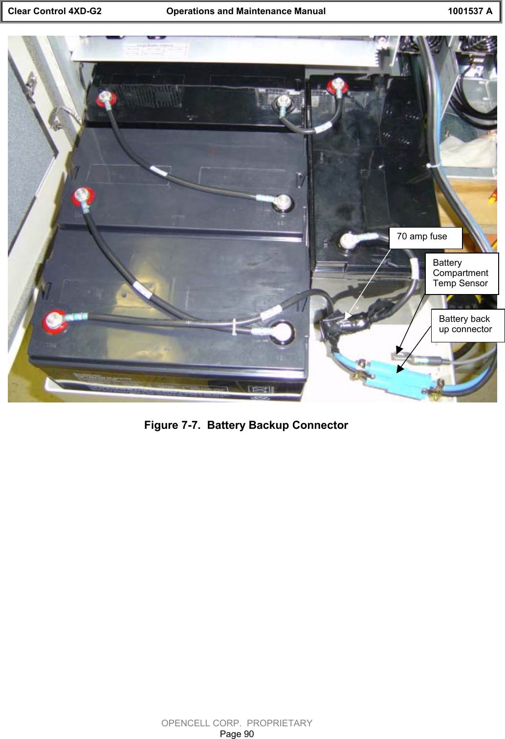 Clear Control 4XD-G2 Operations and Maintenance Manual 1001537 AOPENCELL CORP.  PROPRIETARYPage 90Figure 7-7.  Battery Backup ConnectorBattery backup connectorBatteryCompartmentTemp Sensor70 amp fuse