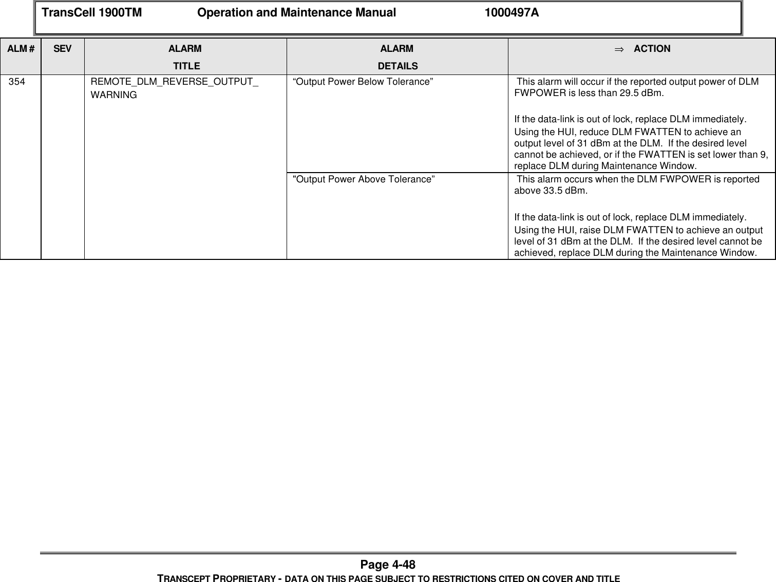 TransCell 1900TM Operation and Maintenance Manual 1000497APage 4-48TRANSCEPT PROPRIETARY - DATA ON THIS PAGE SUBJECT TO RESTRICTIONS CITED ON COVER AND TITLEALM # SEV ALARMTITLEALARMDETAILS⇒ ACTION 354 REMOTE_DLM_REVERSE_OUTPUT_WARNING“Output Power Below Tolerance” This alarm will occur if the reported output power of DLMFWPOWER is less than 29.5 dBm.If the data-link is out of lock, replace DLM immediately.Using the HUI, reduce DLM FWATTEN to achieve anoutput level of 31 dBm at the DLM. If the desired levelcannot be achieved, or if the FWATTEN is set lower than 9,replace DLM during Maintenance Window."Output Power Above Tolerance” This alarm occurs when the DLM FWPOWER is reportedabove 33.5 dBm.If the data-link is out of lock, replace DLM immediately.Using the HUI, raise DLM FWATTEN to achieve an outputlevel of 31 dBm at the DLM. If the desired level cannot beachieved, replace DLM during the Maintenance Window.