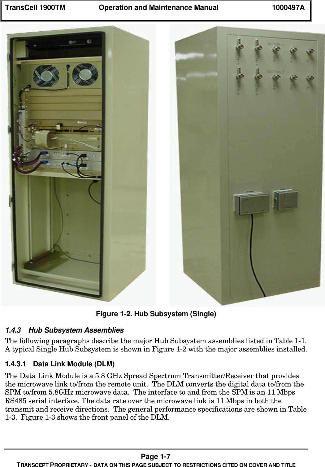 TransCell 1900TM Operation and Maintenance Manual 1000497APage 1-7TRANSCEPT PROPRIETARY - DATA ON THIS PAGE SUBJECT TO RESTRICTIONS CITED ON COVER AND TITLEFigure 1-2. Hub Subsystem (Single)1.4.3 Hub Subsystem AssembliesThe following paragraphs describe the major Hub Subsystem assemblies listed in Table 1-1.A typical Single Hub Subsystem is shown in Figure 1-2 with the major assemblies installed.1.4.3.1 Data Link Module (DLM)The Data Link Module is a 5.8 GHz Spread Spectrum Transmitter/Receiver that providesthe microwave link to/from the remote unit. The DLM converts the digital data to/from theSPM to/from 5.8GHz microwave data. The interface to and from the SPM is an 11 MbpsRS485 serial interface. The data rate over the microwave link is 11 Mbps in both thetransmit and receive directions. The general performance specifications are shown in Table1-3. Figure 1-3 shows the front panel of the DLM.