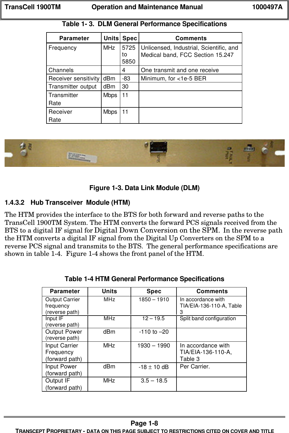 TransCell 1900TM Operation and Maintenance Manual 1000497APage 1-8TRANSCEPT PROPRIETARY - DATA ON THIS PAGE SUBJECT TO RESTRICTIONS CITED ON COVER AND TITLETable 1- 3. DLM General Performance SpecificationsParameter Units Spec CommentsFrequency MHz 5725to5850Unlicensed, Industrial, Scientific, andMedical band, FCC Section 15.247Channels 4One transmit and one receiveReceiver sensitivity dBm -83 Minimum, for <1e-5 BERTransmitter output dBm 30TransmitterRateMbps 11ReceiverRateMbps 11Figure 1-3. Data Link Module (DLM)1.4.3.2 Hub Transceiver Module (HTM)The HTM provides the interface to the BTS for both forward and reverse paths to theTransCell 1900TM System. The HTM converts the forward PCS signals received from theBTS to a digital IF signal for Digital Down Conversion on the SPM. In the reverse paththe HTM converts a digital IF signal from the Digital Up Converters on the SPM to areverse PCS signal and transmits to the BTS. The general performance specifications areshown in table 1-4. Figure 1-4 shows the front panel of the HTM.Table 1-4 HTM General Performance SpecificationsParameter Units Spec CommentsOutput Carrierfrequency(reverse path)MHz 1850 – 1910 In accordance withTIA/EIA-136-110-A, Table3Input IF(reverse path) MHz 12 – 19.5 Split band configurationOutput Power(reverse path) dBm -110 to –20Input CarrierFrequency(forward path)MHz 1930 – 1990 In accordance withTIA/EIA-136-110-A,Table 3Input Power(forward path) dBm -18 ± 10 dB Per Carrier.Output IF(forward path) MHz 3.5 – 18.5