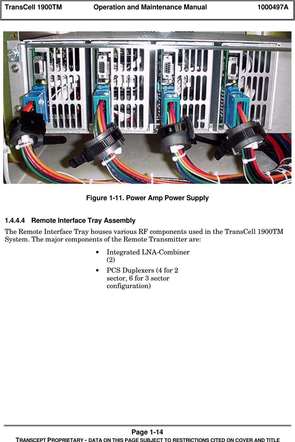 TransCell 1900TM Operation and Maintenance Manual 1000497APage 1-14TRANSCEPT PROPRIETARY - DATA ON THIS PAGE SUBJECT TO RESTRICTIONS CITED ON COVER AND TITLEFigure 1-11. Power Amp Power Supply1.4.4.4 Remote Interface Tray AssemblyThe Remote Interface Tray houses various RF components used in the TransCell 1900TMSystem. The major components of the Remote Transmitter are:• Integrated LNA-Combiner(2)• PCS Duplexers (4 for 2sector, 6 for 3 sectorconfiguration)