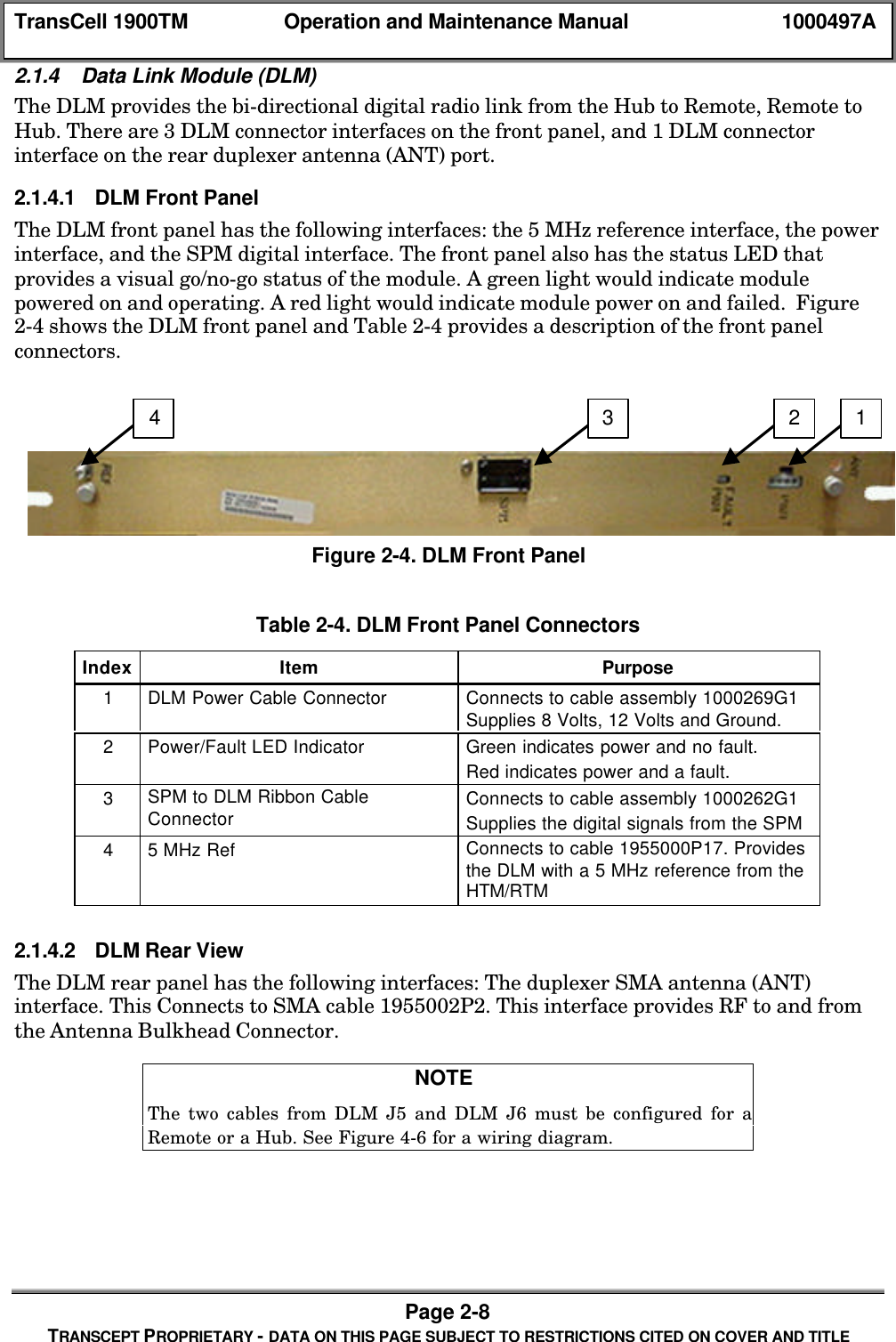 TransCell 1900TM Operation and Maintenance Manual 1000497APage 2-8TRANSCEPT PROPRIETARY - DATA ON THIS PAGE SUBJECT TO RESTRICTIONS CITED ON COVER AND TITLE2.1.4 Data Link Module (DLM)The DLM provides the bi-directional digital radio link from the Hub to Remote, Remote toHub. There are 3 DLM connector interfaces on the front panel, and 1 DLM connectorinterface on the rear duplexer antenna (ANT) port.2.1.4.1 DLM Front PanelThe DLM front panel has the following interfaces: the 5 MHz reference interface, the powerinterface, and the SPM digital interface. The front panel also has the status LED thatprovides a visual go/no-go status of the module. A green light would indicate modulepowered on and operating. A red light would indicate module power on and failed. Figure2-4 shows the DLM front panel and Table 2-4 provides a description of the front panelconnectors.Figure 2-4. DLM Front PanelTable 2-4. DLM Front Panel ConnectorsIndex Item Purpose1DLM Power Cable Connector Connects to cable assembly 1000269G1Supplies 8 Volts, 12 Volts and Ground.2Power/Fault LED Indicator Green indicates power and no fault.Red indicates power and a fault.3SPM to DLM Ribbon CableConnector Connects to cable assembly 1000262G1Supplies the digital signals from the SPM45 MHz Ref Connects to cable 1955000P17. Providesthe DLM with a 5 MHz reference from theHTM/RTM2.1.4.2 DLM Rear ViewThe DLM rear panel has the following interfaces: The duplexer SMA antenna (ANT)interface. This Connects to SMA cable 1955002P2. This interface provides RF to and fromthe Antenna Bulkhead Connector.NOTE The two cables from DLM J5 and DLM J6 must be configured for aRemote or a Hub. See Figure 4-6 for a wiring diagram.4 3 2 1