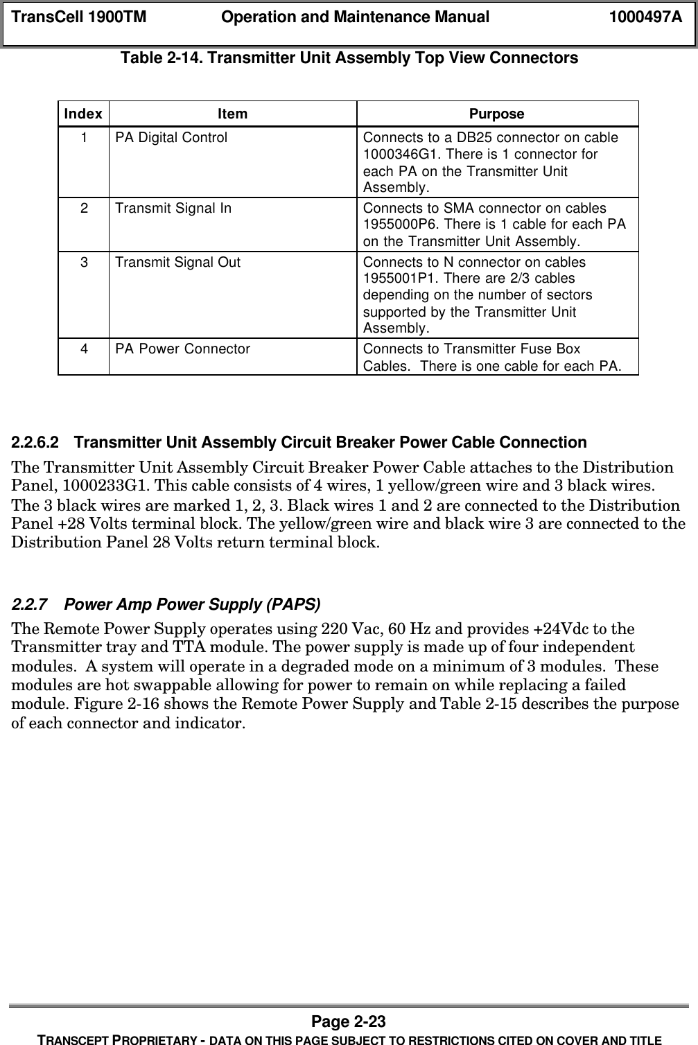 TransCell 1900TM Operation and Maintenance Manual 1000497APage 2-23TRANSCEPT PROPRIETARY - DATA ON THIS PAGE SUBJECT TO RESTRICTIONS CITED ON COVER AND TITLETable 2-14. Transmitter Unit Assembly Top View ConnectorsIndex Item Purpose1PA Digital Control Connects to a DB25 connector on cable1000346G1. There is 1 connector foreach PA on the Transmitter UnitAssembly.2Transmit Signal In Connects to SMA connector on cables1955000P6. There is 1 cable for each PAon the Transmitter Unit Assembly.3Transmit Signal Out Connects to N connector on cables1955001P1. There are 2/3 cablesdepending on the number of sectorssupported by the Transmitter UnitAssembly.4PA Power Connector Connects to Transmitter Fuse BoxCables. There is one cable for each PA.2.2.6.2 Transmitter Unit Assembly Circuit Breaker Power Cable ConnectionThe Transmitter Unit Assembly Circuit Breaker Power Cable attaches to the DistributionPanel, 1000233G1. This cable consists of 4 wires, 1 yellow/green wire and 3 black wires.The 3 black wires are marked 1, 2, 3. Black wires 1 and 2 are connected to the DistributionPanel +28 Volts terminal block. The yellow/green wire and black wire 3 are connected to theDistribution Panel 28 Volts return terminal block.2.2.7 Power Amp Power Supply (PAPS)The Remote Power Supply operates using 220 Vac, 60 Hz and provides +24Vdc to theTransmitter tray and TTA module. The power supply is made up of four independentmodules. A system will operate in a degraded mode on a minimum of 3 modules. Thesemodules are hot swappable allowing for power to remain on while replacing a failedmodule. Figure 2-16 shows the Remote Power Supply and Table 2-15 describes the purposeof each connector and indicator.