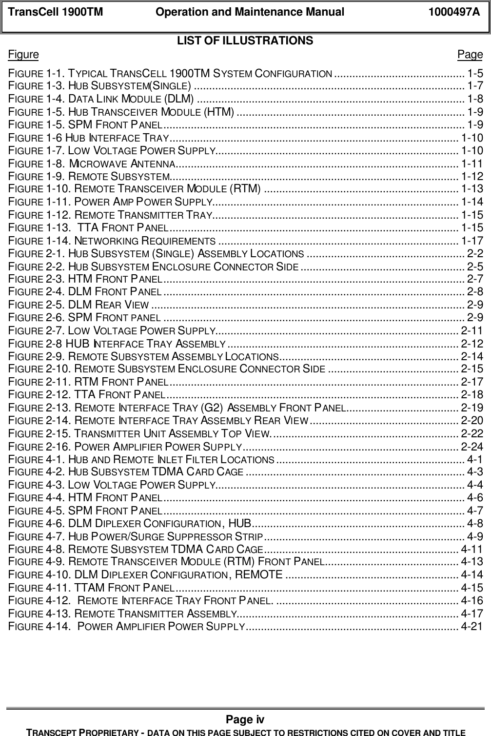 TransCell 1900TM Operation and Maintenance Manual 1000497APage ivTRANSCEPT PROPRIETARY - DATA ON THIS PAGE SUBJECT TO RESTRICTIONS CITED ON COVER AND TITLELIST OF ILLUSTRATIONSFigure PageFIGURE 1-1. TYPICAL TRANSCELL 1900TM SYSTEM CONFIGURATION ........................................... 1-5FIGURE 1-3. HUB SUBSYSTEM(SINGLE)......................................................................................... 1-7FIGURE 1-4. DATA LINK MODULE (DLM) ........................................................................................ 1-8FIGURE 1-5. HUB TRANSCEIVER MODULE (HTM) ........................................................................... 1-9FIGURE 1-5. SPM FRONT PANEL................................................................................................... 1-9FIGURE 1-6 HUB INTERFACE TRAY............................................................................................... 1-10FIGURE 1-7. LOW VOLTAGE POWER SUPPLY................................................................................ 1-10FIGURE 1-8. MICROWAVE ANTENNA............................................................................................. 1-11FIGURE 1-9. REMOTE SUBSYSTEM............................................................................................... 1-12FIGURE 1-10. REMOTE TRANSCEIVER MODULE (RTM) ................................................................ 1-13FIGURE 1-11. POWER AMP POWER SUPPLY................................................................................. 1-14FIGURE 1-12. REMOTE TRANSMITTER TRAY................................................................................. 1-15FIGURE 1-13. TTA FRONT PANEL............................................................................................... 1-15FIGURE 1-14. NETWORKING REQUIREMENTS ............................................................................... 1-17FIGURE 2-1. HUB SUBSYSTEM (SINGLE) ASSEMBLY LOCATIONS .................................................... 2-2FIGURE 2-2. HUB SUBSYSTEM ENCLOSURE CONNECTOR SIDE ...................................................... 2-5FIGURE 2-3. HTM FRONT PANEL................................................................................................... 2-7FIGURE 2-4. DLM FRONT PANEL ................................................................................................... 2-8FIGURE 2-5. DLM REAR VIEW ....................................................................................................... 2-9FIGURE 2-6. SPM FRONT PANEL ................................................................................................... 2-9FIGURE 2-7. LOW VOLTAGE POWER SUPPLY................................................................................ 2-11FIGURE 2-8 HUB INTERFACE TRAY ASSEMBLY ............................................................................ 2-12FIGURE 2-9. REMOTE SUBSYSTEM ASSEMBLY LOCATIONS........................................................... 2-14FIGURE 2-10. REMOTE SUBSYSTEM ENCLOSURE CONNECTOR SIDE ........................................... 2-15FIGURE 2-11. RTM FRONT PANEL............................................................................................... 2-17FIGURE 2-12. TTA FRONT PANEL................................................................................................ 2-18FIGURE 2-13. REMOTE INTERFACE TRAY (G2) ASSEMBLY FRONT PANEL..................................... 2-19FIGURE 2-14. REMOTE INTERFACE TRAY ASSEMBLY REAR VIEW................................................. 2-20FIGURE 2-15. TRANSMITTER UNIT ASSEMBLY TOP VIEW.............................................................. 2-22FIGURE 2-16. POWER AMPLIFIER POWER SUPPLY....................................................................... 2-24FIGURE 4-1. HUB AND REMOTE INLET FILTER LOCATIONS .............................................................. 4-1FIGURE 4-2. HUB SUBSYSTEM TDMA CARD CAGE ........................................................................ 4-3FIGURE 4-3. LOW VOLTAGE POWER SUPPLY.................................................................................. 4-4FIGURE 4-4. HTM FRONT PANEL................................................................................................... 4-6FIGURE 4-5. SPM FRONT PANEL................................................................................................... 4-7FIGURE 4-6. DLM DIPLEXER CONFIGURATION, HUB...................................................................... 4-8FIGURE 4-7. HUB POWER/SURGE SUPPRESSOR STRIP.................................................................. 4-9FIGURE 4-8. REMOTE SUBSYSTEM TDMA CARD CAGE................................................................ 4-11FIGURE 4-9. REMOTE TRANSCEIVER MODULE (RTM) FRONT PANEL............................................ 4-13FIGURE 4-10. DLM DIPLEXER CONFIGURATION, REMOTE ......................................................... 4-14FIGURE 4-11. TTAM FRONT PANEL............................................................................................. 4-15FIGURE 4-12. REMOTE INTERFACE TRAY FRONT PANEL. ............................................................ 4-16FIGURE 4-13. REMOTE TRANSMITTER ASSEMBLY......................................................................... 4-17FIGURE 4-14. POWER AMPLIFIER POWER SUPPLY...................................................................... 4-21