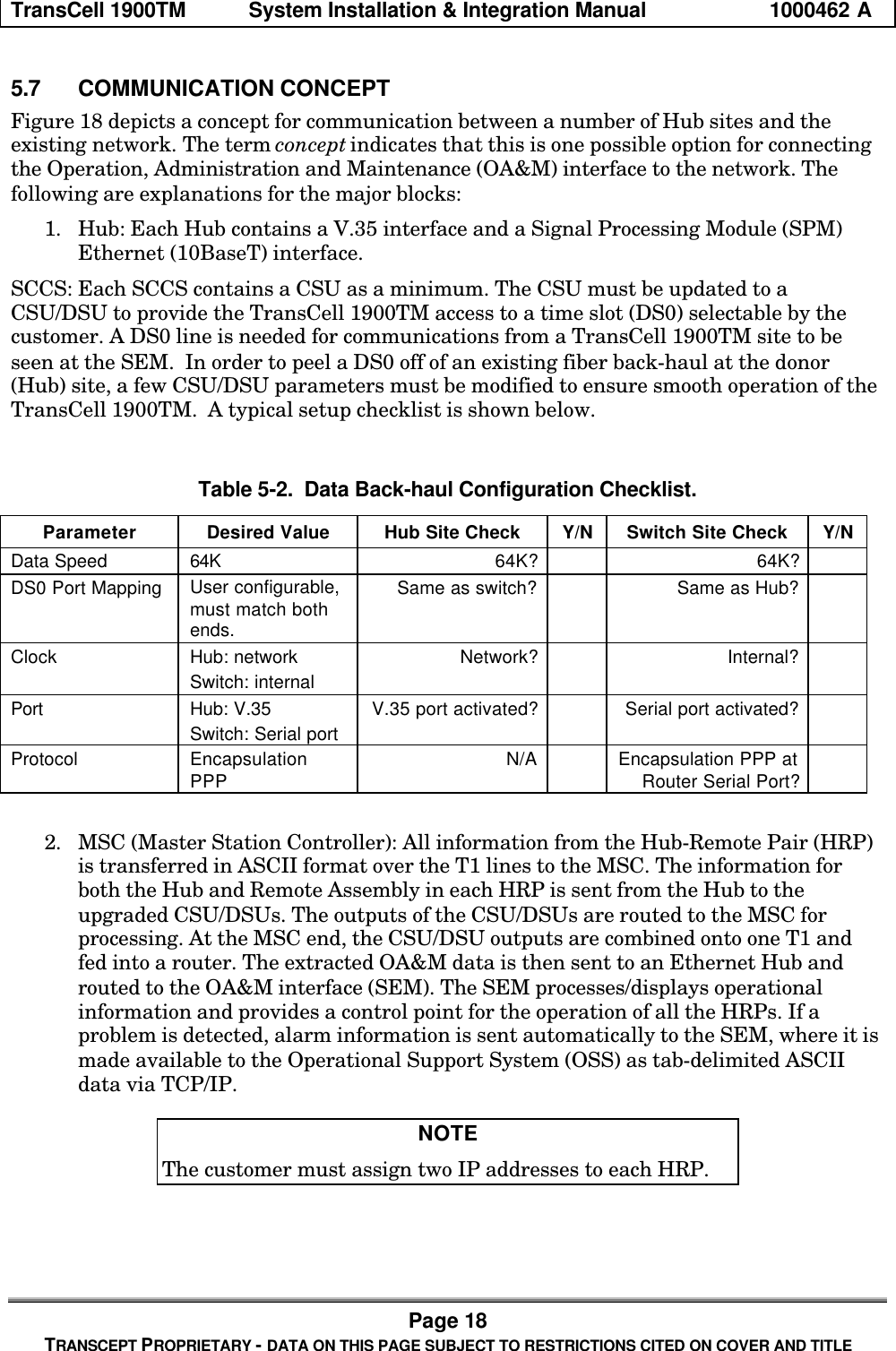 TransCell 1900TM System Installation & Integration Manual 1000462 APage 18TRANSCEPT PROPRIETARY - DATA ON THIS PAGE SUBJECT TO RESTRICTIONS CITED ON COVER AND TITLE5.7 COMMUNICATION CONCEPTFigure 18 depicts a concept for communication between a number of Hub sites and theexisting network. The term concept indicates that this is one possible option for connectingthe Operation, Administration and Maintenance (OA&M) interface to the network. Thefollowing are explanations for the major blocks:1. Hub: Each Hub contains a V.35 interface and a Signal Processing Module (SPM)Ethernet (10BaseT) interface.SCCS: Each SCCS contains a CSU as a minimum. The CSU must be updated to aCSU/DSU to provide the TransCell 1900TM access to a time slot (DS0) selectable by thecustomer. A DS0 line is needed for communications from a TransCell 1900TM site to beseen at the SEM. In order to peel a DS0 off of an existing fiber back-haul at the donor(Hub) site, a few CSU/DSU parameters must be modified to ensure smooth operation of theTransCell 1900TM. A typical setup checklist is shown below.Table 5-2. Data Back-haul Configuration Checklist.Parameter Desired Value Hub Site Check Y/N Switch Site Check Y/NData Speed 64K 64K? 64K?DS0 Port Mapping User configurable,must match bothends.Same as switch? Same as Hub?Clock Hub: networkSwitch: internalNetwork? Internal?Port Hub: V.35Switch: Serial portV.35 port activated? Serial port activated?Protocol EncapsulationPPP N/A Encapsulation PPP atRouter Serial Port?2. MSC (Master Station Controller): All information from the Hub-Remote Pair (HRP)is transferred in ASCII format over the T1 lines to the MSC. The information forboth the Hub and Remote Assembly in each HRP is sent from the Hub to theupgraded CSU/DSUs. The outputs of the CSU/DSUs are routed to the MSC forprocessing. At the MSC end, the CSU/DSU outputs are combined onto one T1 andfed into a router. The extracted OA&M data is then sent to an Ethernet Hub androuted to the OA&M interface (SEM). The SEM processes/displays operationalinformation and provides a control point for the operation of all the HRPs. If aproblem is detected, alarm information is sent automatically to the SEM, where it ismade available to the Operational Support System (OSS) as tab-delimited ASCIIdata via TCP/IP.NOTEThe customer must assign two IP addresses to each HRP.