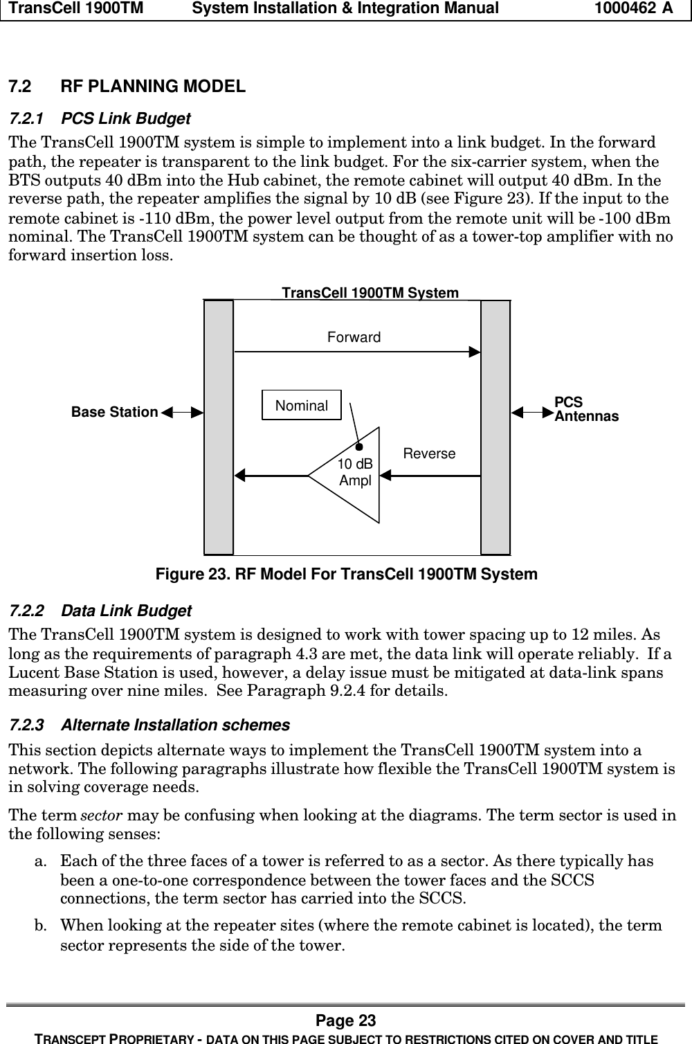 TransCell 1900TM System Installation & Integration Manual 1000462 APage 23TRANSCEPT PROPRIETARY - DATA ON THIS PAGE SUBJECT TO RESTRICTIONS CITED ON COVER AND TITLE7.2 RF PLANNING MODEL7.2.1 PCS Link BudgetThe TransCell 1900TM system is simple to implement into a link budget. In the forwardpath, the repeater is transparent to the link budget. For the six-carrier system, when theBTS outputs 40 dBm into the Hub cabinet, the remote cabinet will output 40 dBm. In thereverse path, the repeater amplifies the signal by 10 dB (see Figure 23). If the input to theremote cabinet is -110 dBm, the power level output from the remote unit will be -100 dBmnominal. The TransCell 1900TM system can be thought of as a tower-top amplifier with noforward insertion loss.Base Station PCSAntennas10 dBAmplTransCell 1900TM SystemForwardReverseNominalFigure 23. RF Model For TransCell 1900TM System7.2.2 Data Link BudgetThe TransCell 1900TM system is designed to work with tower spacing up to 12 miles. Aslong as the requirements of paragraph 4.3 are met, the data link will operate reliably. If aLucent Base Station is used, however, a delay issue must be mitigated at data-link spansmeasuring over nine miles. See Paragraph 9.2.4 for details.7.2.3 Alternate Installation schemesThis section depicts alternate ways to implement the TransCell 1900TM system into anetwork. The following paragraphs illustrate how flexible the TransCell 1900TM system isin solving coverage needs.The term sector may be confusing when looking at the diagrams. The term sector is used inthe following senses:a. Each of the three faces of a tower is referred to as a sector. As there typically hasbeen a one-to-one correspondence between the tower faces and the SCCSconnections, the term sector has carried into the SCCS.b. When looking at the repeater sites (where the remote cabinet is located), the termsector represents the side of the tower.