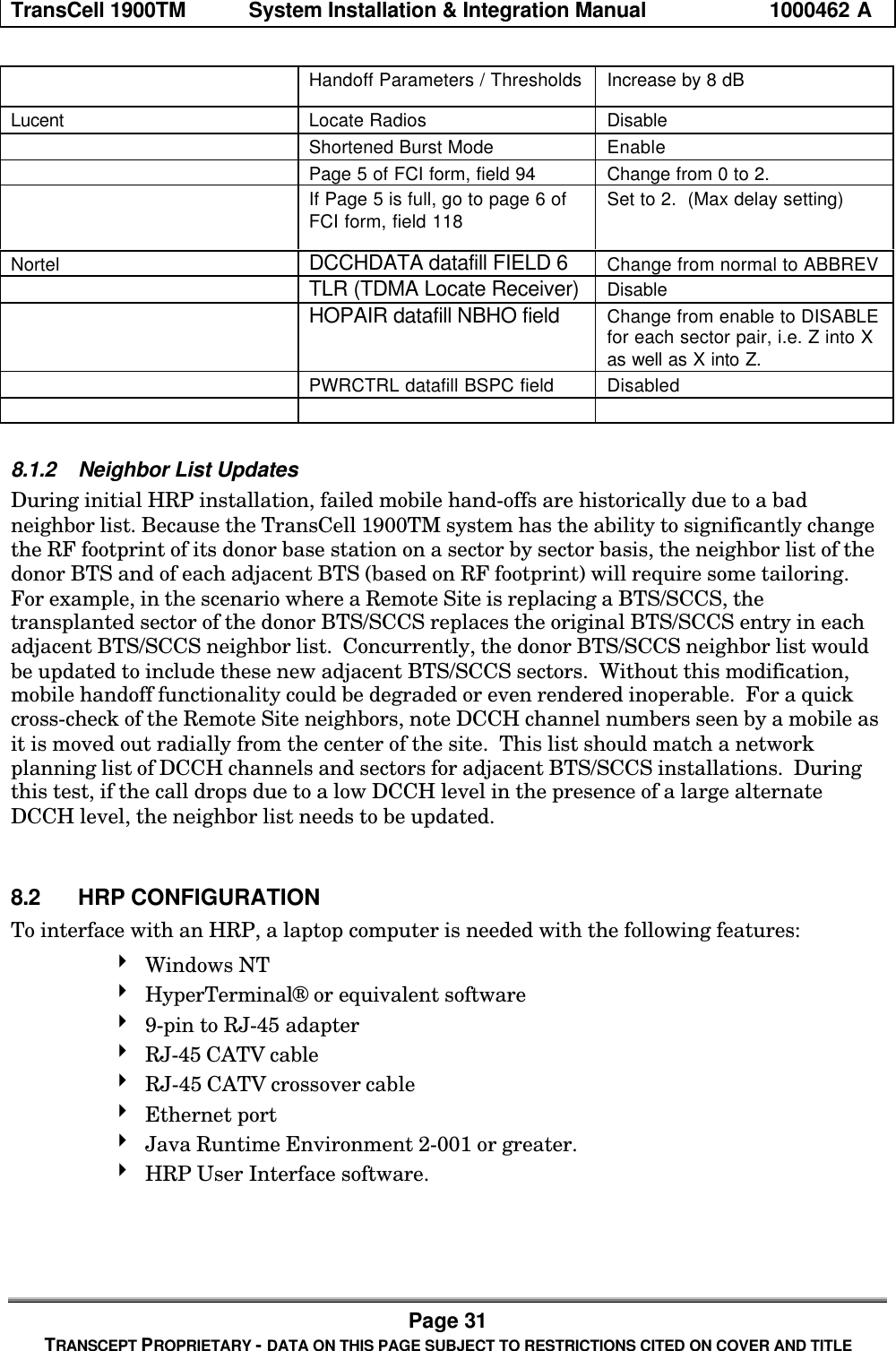 TransCell 1900TM System Installation & Integration Manual 1000462 APage 31TRANSCEPT PROPRIETARY - DATA ON THIS PAGE SUBJECT TO RESTRICTIONS CITED ON COVER AND TITLEHandoff Parameters / Thresholds Increase by 8 dBLucent Locate Radios DisableShortened Burst Mode EnablePage 5 of FCI form, field 94 Change from 0 to 2.If Page 5 is full, go to page 6 ofFCI form, field 118 Set to 2. (Max delay setting)Nortel DCCHDATA datafill FIELD 6 Change from normal to ABBREVTLR (TDMA Locate Receiver) DisableHOPAIR datafill NBHO field Change from enable to DISABLEfor each sector pair, i.e. Z into Xas well as X into Z.PWRCTRL datafill BSPC field Disabled8.1.2 Neighbor List UpdatesDuring initial HRP installation, failed mobile hand-offs are historically due to a badneighbor list. Because the TransCell 1900TM system has the ability to significantly changethe RF footprint of its donor base station on a sector by sector basis, the neighbor list of thedonor BTS and of each adjacent BTS (based on RF footprint) will require some tailoring.For example, in the scenario where a Remote Site is replacing a BTS/SCCS, thetransplanted sector of the donor BTS/SCCS replaces the original BTS/SCCS entry in eachadjacent BTS/SCCS neighbor list. Concurrently, the donor BTS/SCCS neighbor list wouldbe updated to include these new adjacent BTS/SCCS sectors. Without this modification,mobile handoff functionality could be degraded or even rendered inoperable. For a quickcross-check of the Remote Site neighbors, note DCCH channel numbers seen by a mobile asit is moved out radially from the center of the site. This list should match a networkplanning list of DCCH channels and sectors for adjacent BTS/SCCS installations. Duringthis test, if the call drops due to a low DCCH level in the presence of a large alternateDCCH level, the neighbor list needs to be updated.8.2 HRP CONFIGURATIONTo interface with an HRP, a laptop computer is needed with the following features:4 Windows NT4 HyperTerminal® or equivalent software4 9-pin to RJ-45 adapter4 RJ-45 CATV cable4 RJ-45 CATV crossover cable4 Ethernet port4 Java Runtime Environment 2-001 or greater.4 HRP User Interface software.