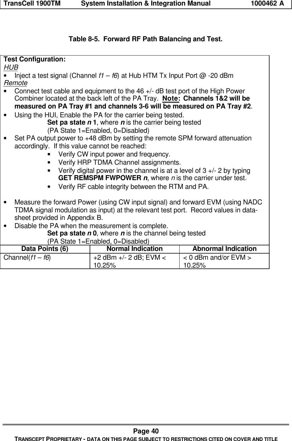 TransCell 1900TM System Installation & Integration Manual 1000462 APage 40TRANSCEPT PROPRIETARY - DATA ON THIS PAGE SUBJECT TO RESTRICTIONS CITED ON COVER AND TITLETable 8-5. Forward RF Path Balancing and Test.Test Configuration:HUB• Inject a test signal (Channel f1 – f6) at Hub HTM Tx Input Port @ -20 dBmRemote• Connect test cable and equipment to the 46 +/- dB test port of the High PowerCombiner located at the back left of the PA Tray. Note: Channels 1&2 will bemeasured on PA Tray #1 and channels 3-6 will be measured on PA Tray #2.• Using the HUI, Enable the PA for the carrier being tested.Set pa state n 1, where n is the carrier being tested(PA State 1=Enabled, 0=Disabled)• Set PA output power to +48 dBm by setting the remote SPM forward attenuationaccordingly. If this value cannot be reached:• Verify CW input power and frequency.• Verify HRP TDMA Channel assignments.• Verify digital power in the channel is at a level of 3 +/- 2 by typingGET REMSPM FWPOWER n, where n is the carrier under test.• Verify RF cable integrity between the RTM and PA.• Measure the forward Power (using CW input signal) and forward EVM (using NADCTDMA signal modulation as input) at the relevant test port. Record values in data-sheet provided in Appendix B.• Disable the PA when the measurement is complete.Set pa state n 0, where n is the channel being tested(PA State 1=Enabled, 0=Disabled)Data Points (6) Normal Indication Abnormal IndicationChannel(f1 – f6)+2 dBm +/- 2 dB; EVM <10.25% < 0 dBm and/or EVM >10.25%