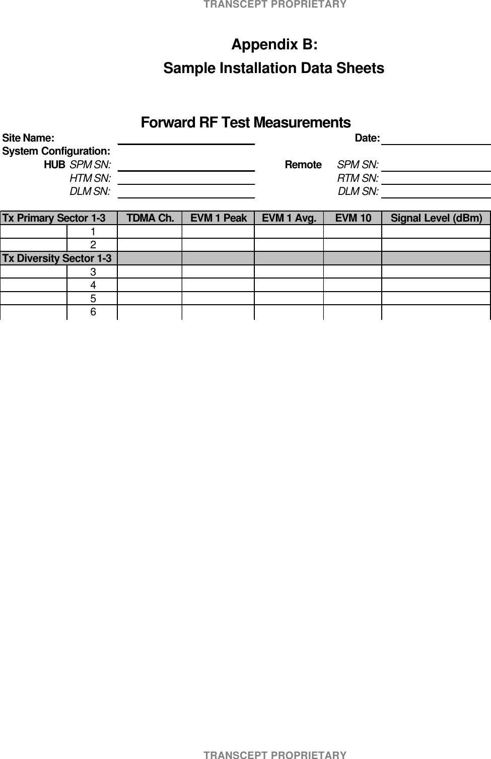 TRANSCEPT PROPRIETARYTRANSCEPT PROPRIETARYAppendix B:Sample Installation Data SheetsSite Name: Date:System Configuration:HUB SPM SN: Remote SPM SN:HTM SN: RTM SN:DLM SN: DLM SN:Tx Primary Sector 1-3 TDMA Ch. EVM 1 Peak EVM 1 Avg. EVM 10 Signal Level (dBm)12Tx Diversity Sector 1-33456Forward RF Test Measurements