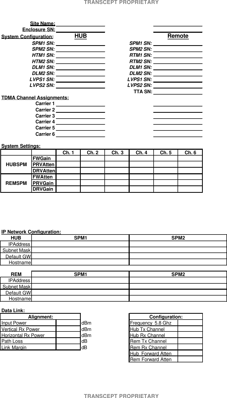 TRANSCEPT PROPRIETARYTRANSCEPT PROPRIETARYSystem Configuration:SPM1 SN:SPM1 SN:SPM2 SN:SPM2 SN:HTM1 SN:RTM1 SN:HTM2 SN:RTM2 SN:DLM1 SN:DLM1 SN:DLM2 SN:DLM2 SN:LVPS1 SN:LVPS1 SN:LVPS2 SN:LVPS2 SN:TTA SN:TDMA Channel Assignments:Carrier 1Carrier 2Carrier 3Carrier 4Carrier 5Carrier 6System Settings:Ch. 1Ch. 2Ch. 3Ch. 4Ch. 5Ch. 6FWGainHUBSPMPRVAttenDRVAttenFWAttenREMSPMPRVGainDRVGainIP Network Configuration:HUBIPAddressSubnet MaskDefault GWHostnameREMIPAddressSubnet MaskDefault GWHostnameData Link:Input Power dBmFrequency (2.4/5.8)5.8 GhzVertical Rx Power dBm Hub Tx ChannelHorizontal Rx Power dBm Hub Rx ChannelPath Loss dB Rem Tx ChannelLink Margin dB Rem Rx ChannelHub Forward AttenRem Forward AttenHUB RemoteSite Name:Enclosure SN:SPM2SPM1SPM2Alignment:Configuration:SPM1